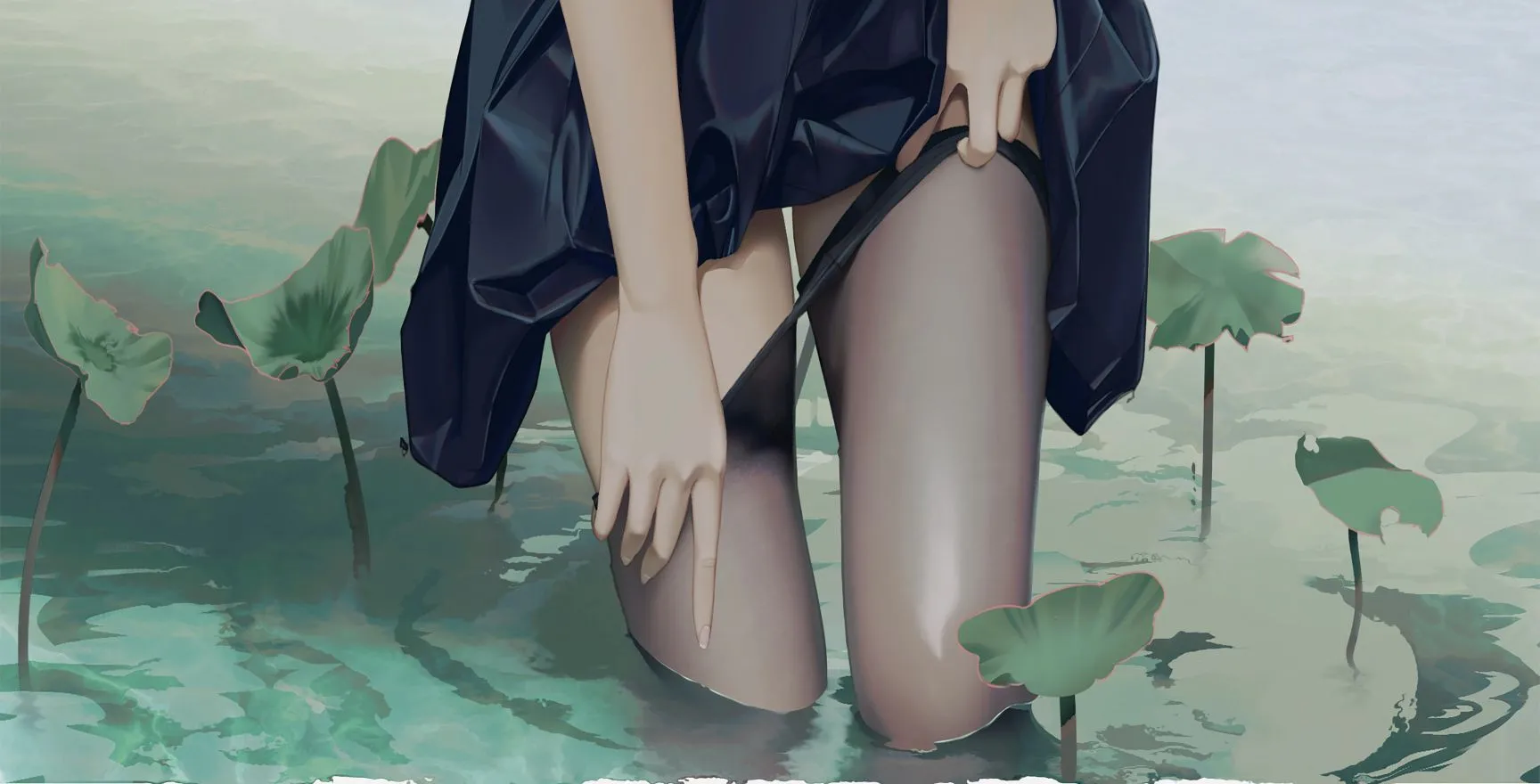 动漫 荷花池中的短裙少女 绘画 壁纸预览