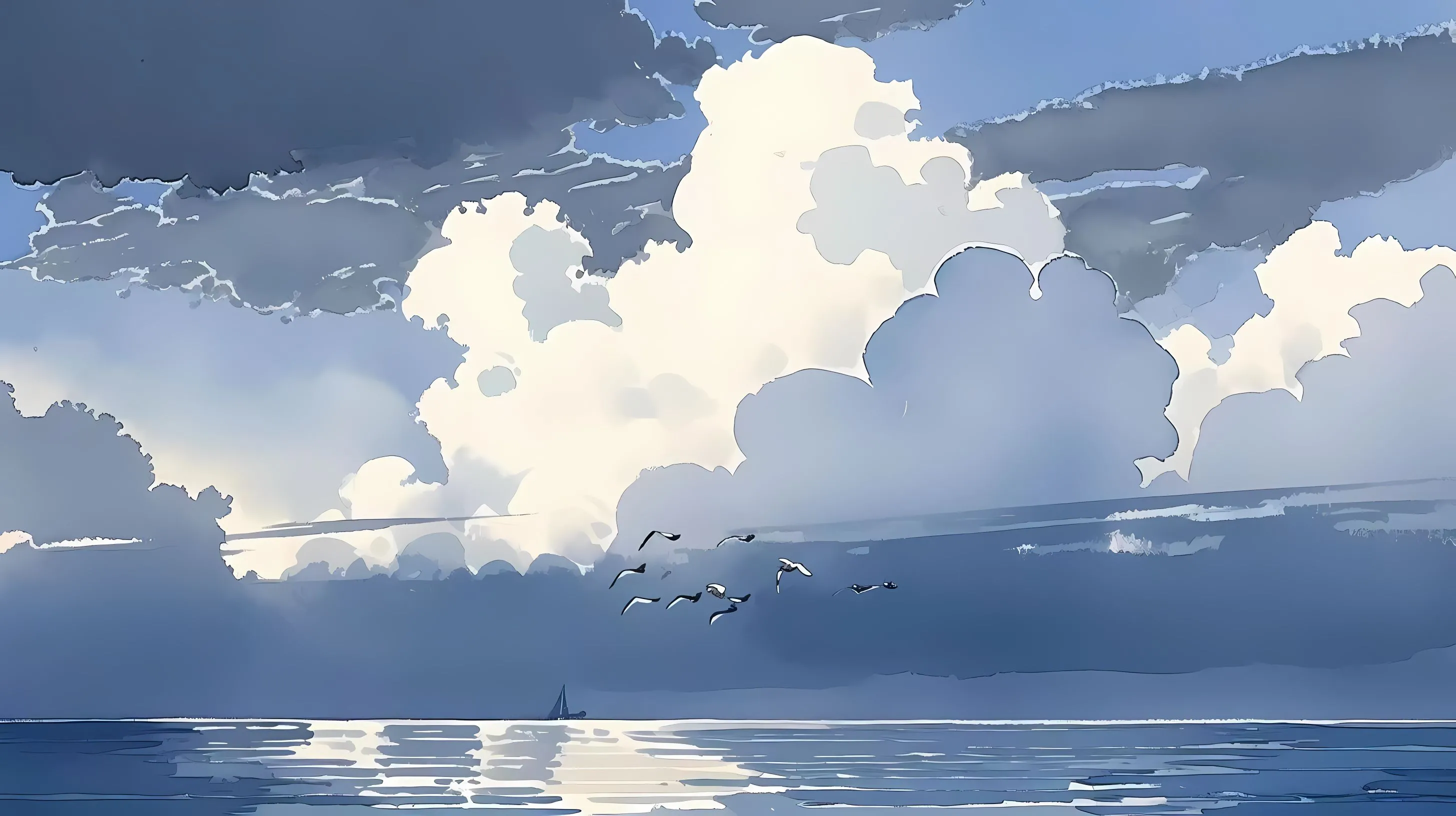 插画 ins风 风景 海 云 蓝色 壁纸预览