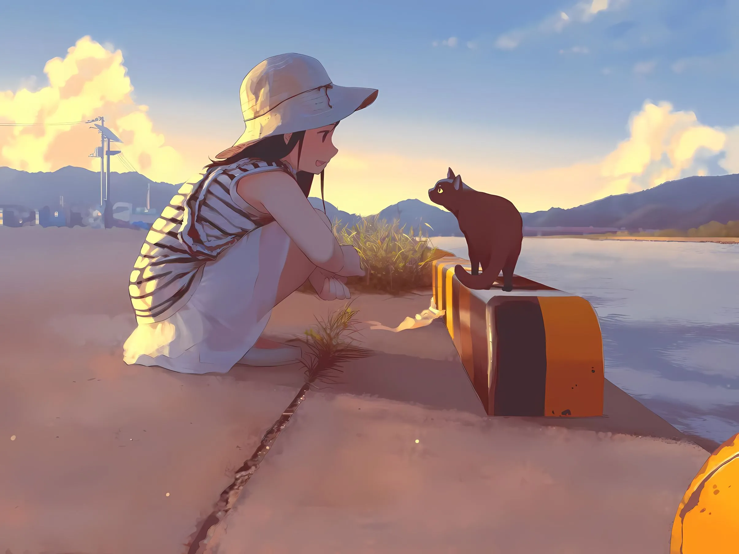 插画 少女与猫 治愈 壁纸预览