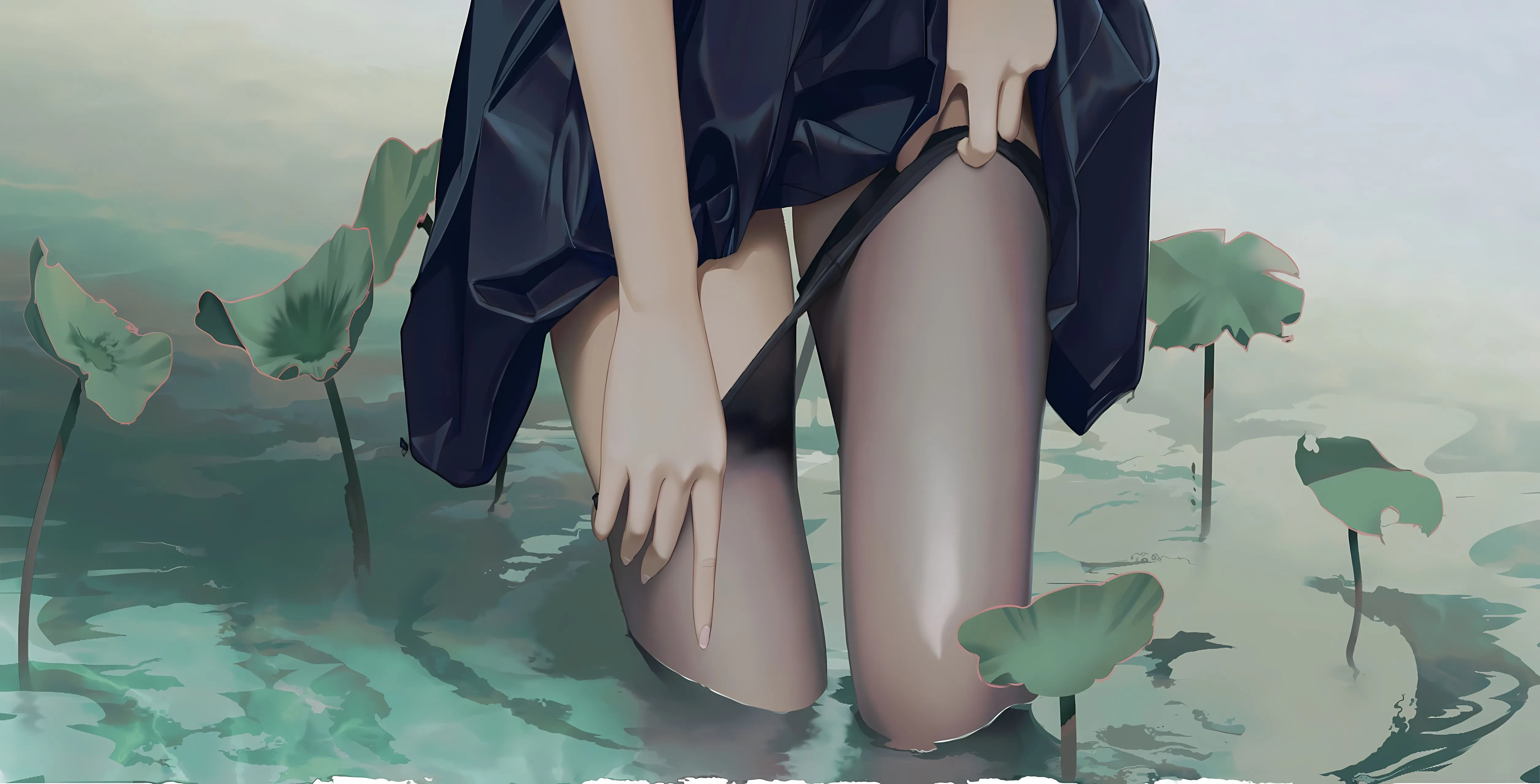 动漫 腿 性感 绘画 荷花池中的短裙少女 壁纸预览