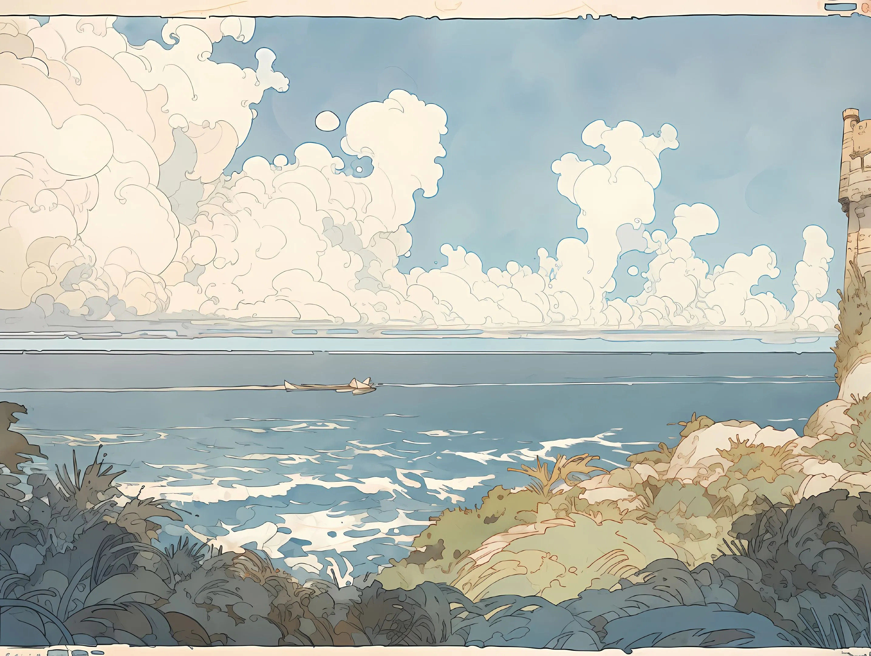 ins风 插画 风景 蓝色 海边 壁纸预览
