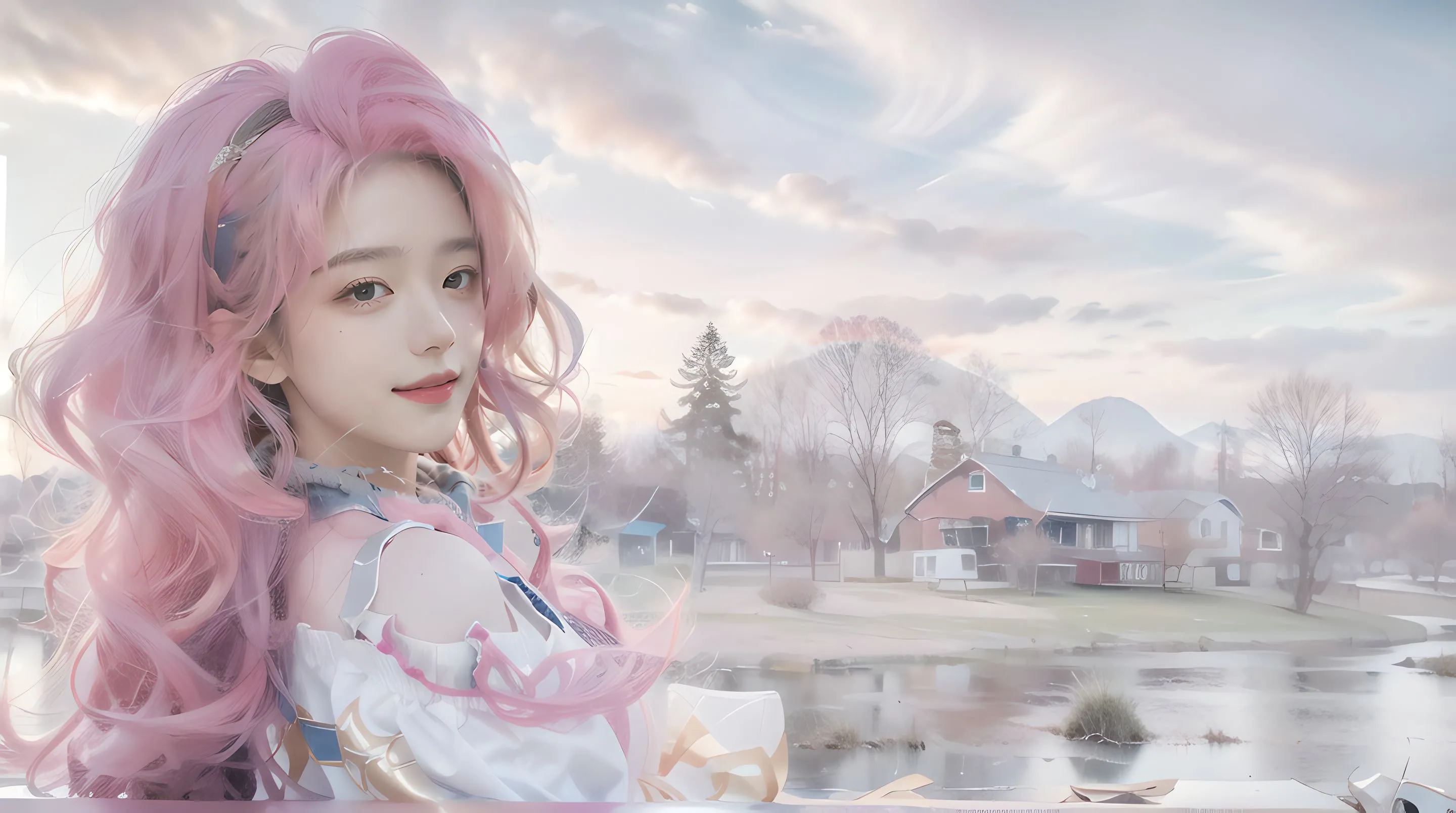 ins风 插画 ai绘画 粉发少女 壁纸预览
