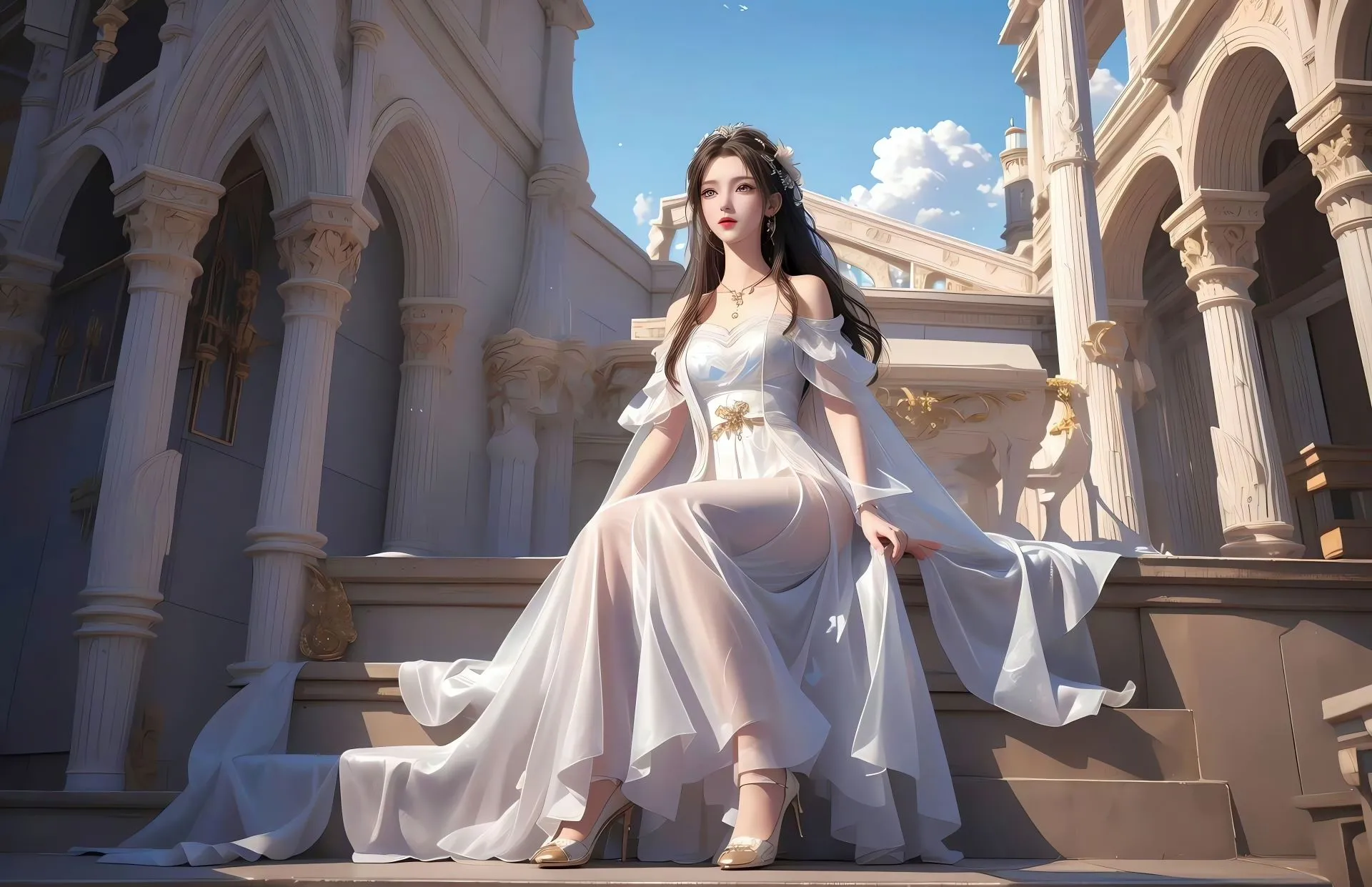 美女 插画 ai绘画 白裙公主 壁纸预览