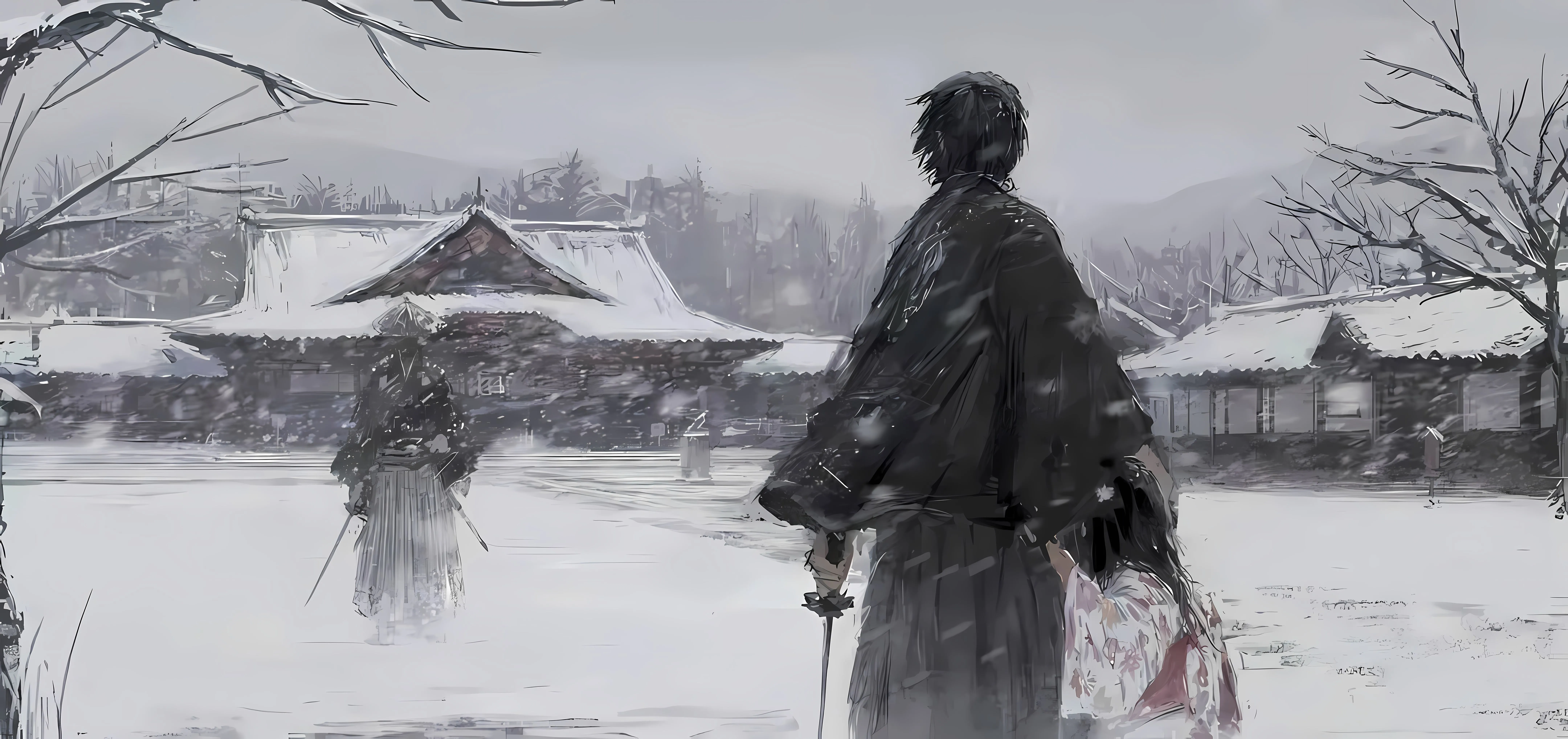 动漫 插画 雪中挥剑 壁纸预览