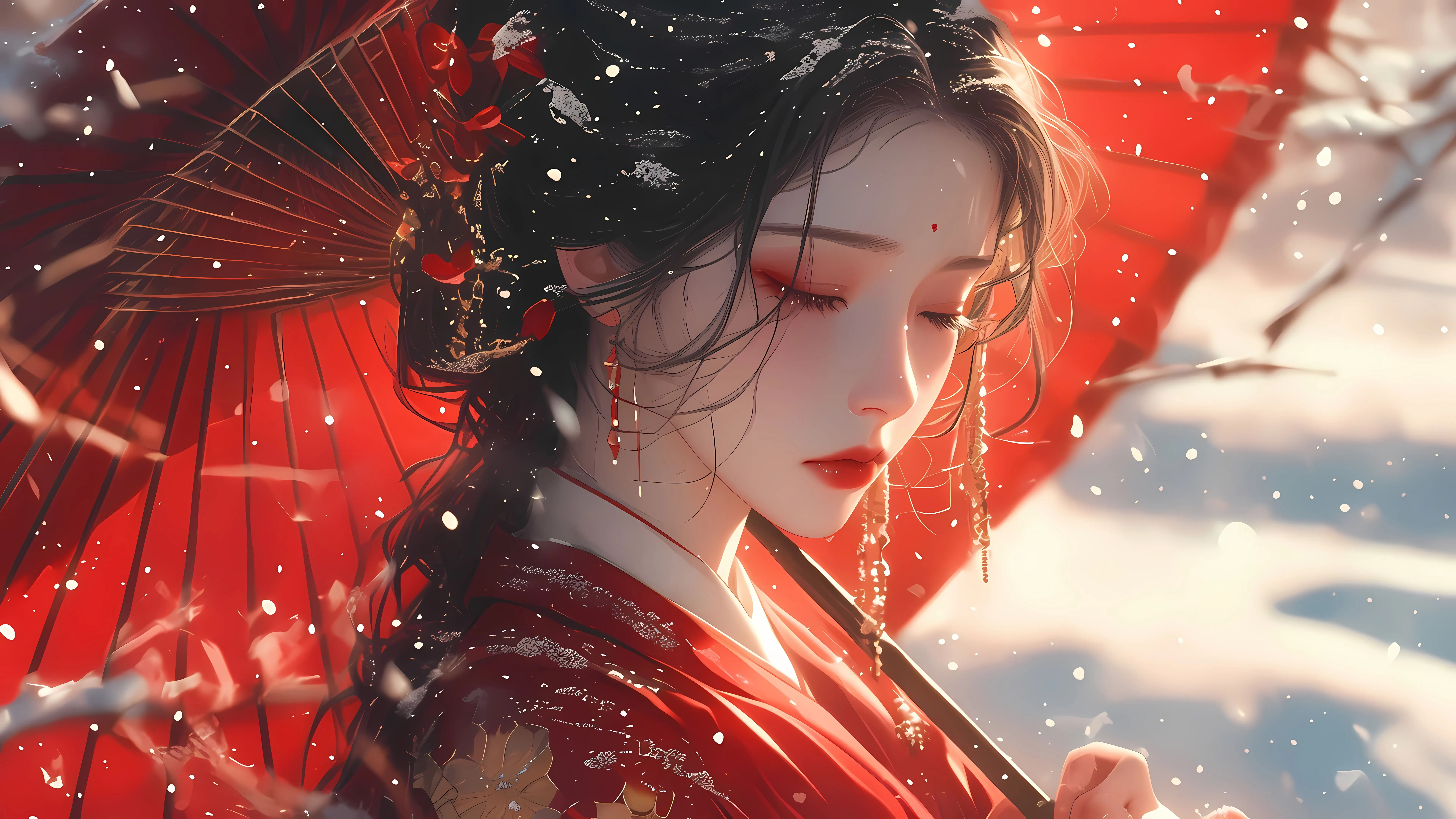 动漫 雪中撑伞的红色少女 胭脂 壁纸预览