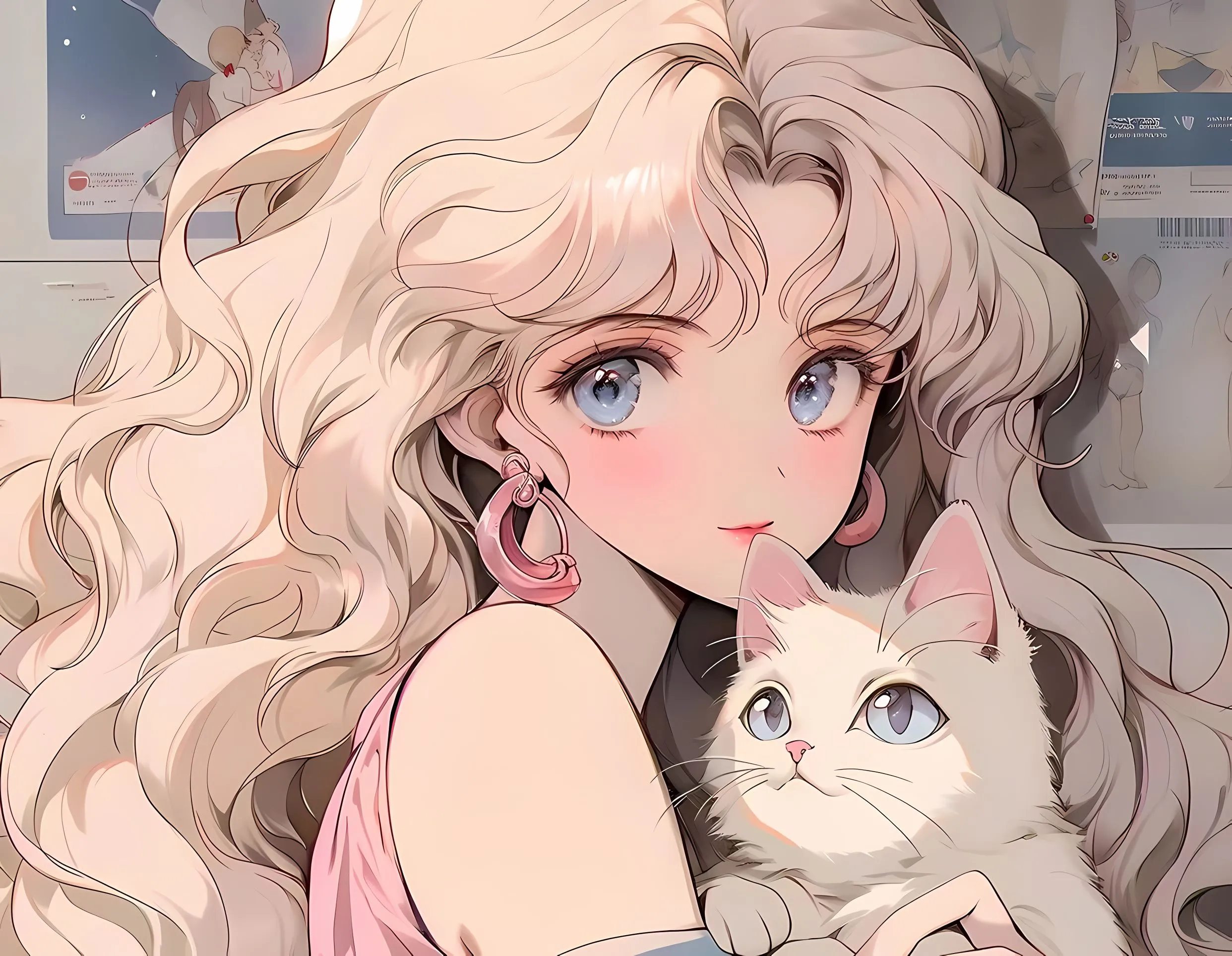 美女 可爱 卷发少女 猫咪 壁纸预览