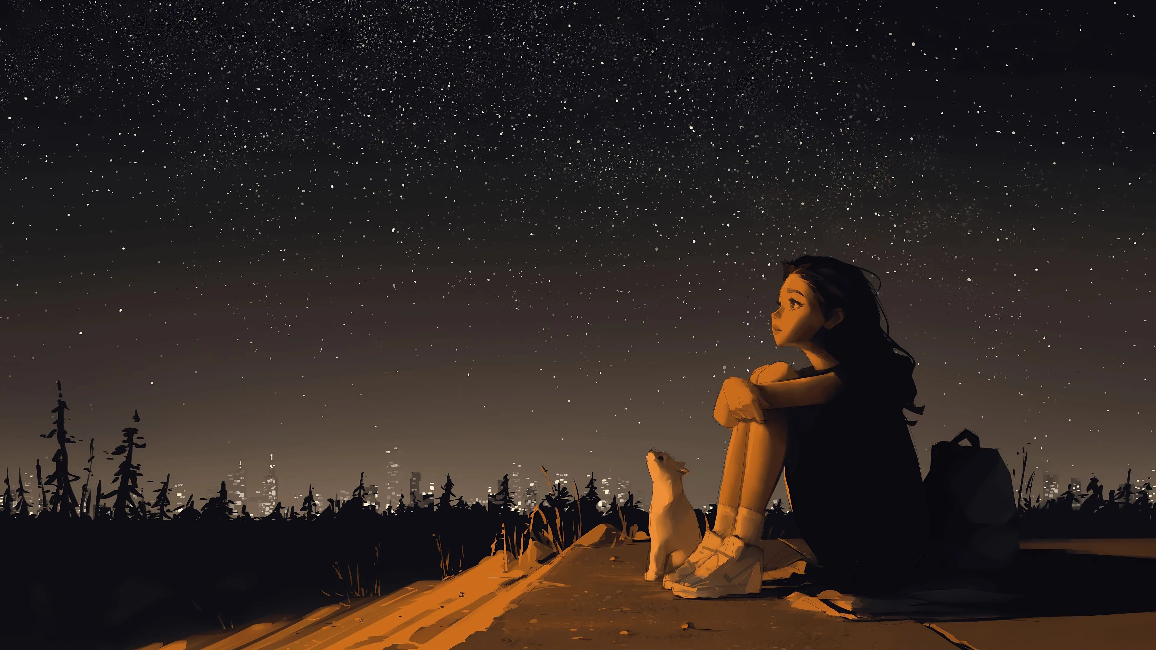 动漫 仰望星空的小女孩和猫咪 动漫场景 壁纸预览