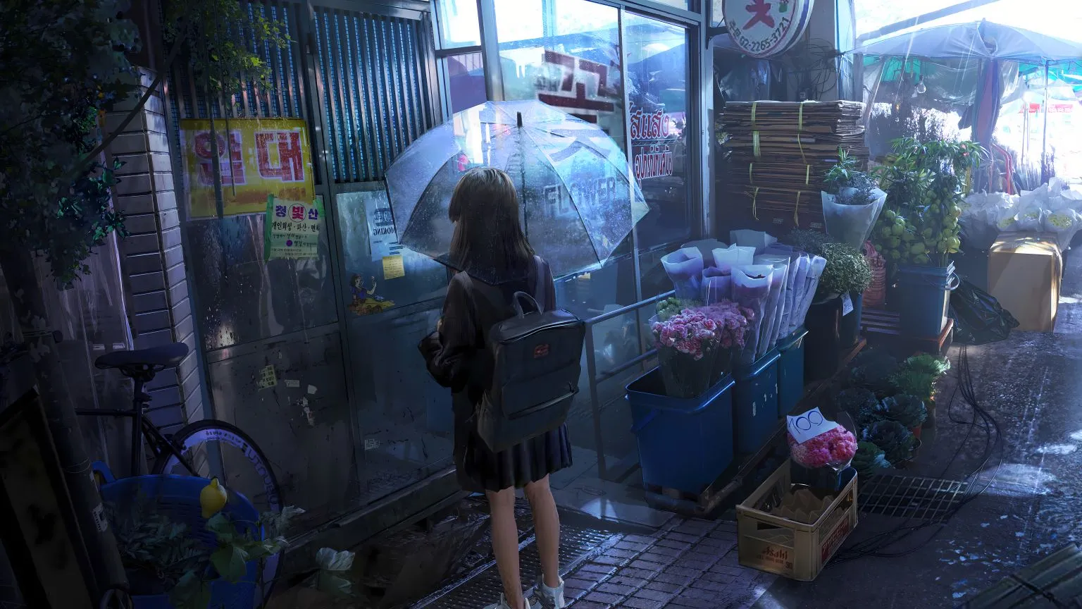 动漫 雨夜中的撑伞的花店少女 壁纸预览