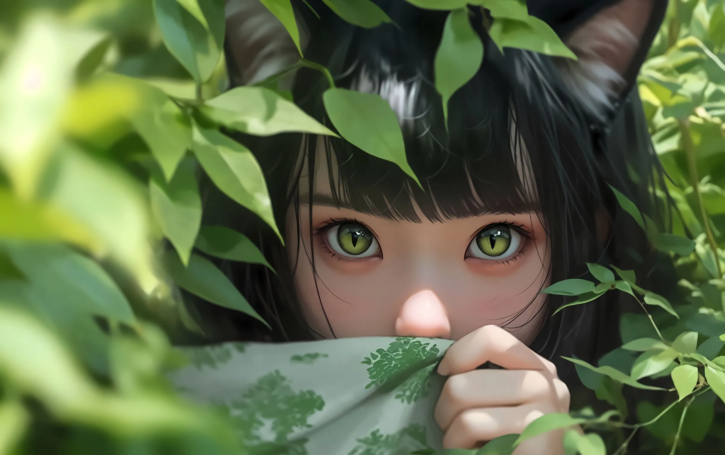 插画 树叶后的绿瞳少女 ai绘画 壁纸预览