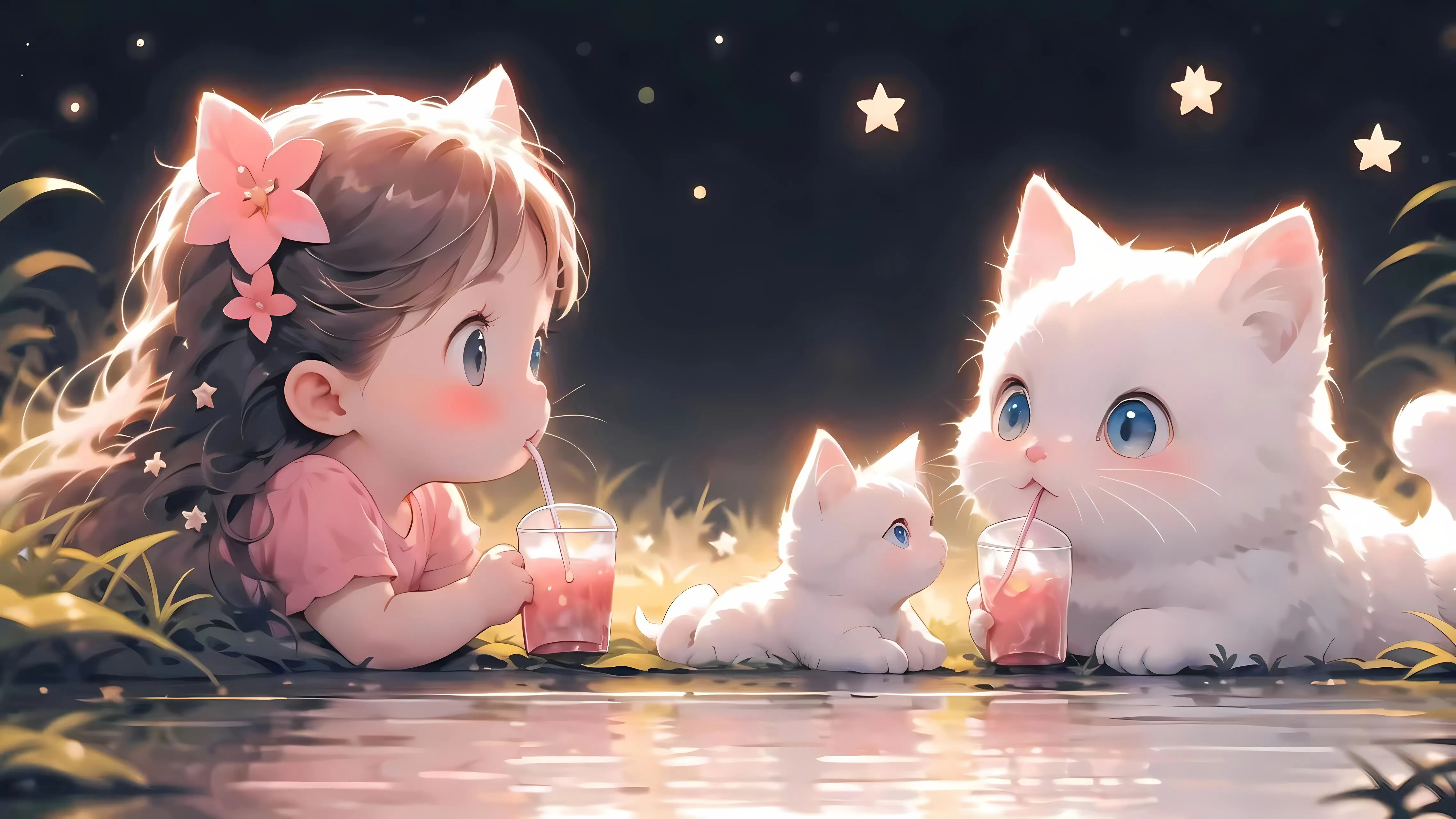 卡通 可爱 可爱女孩与可爱猫咪 唯美 壁纸预览