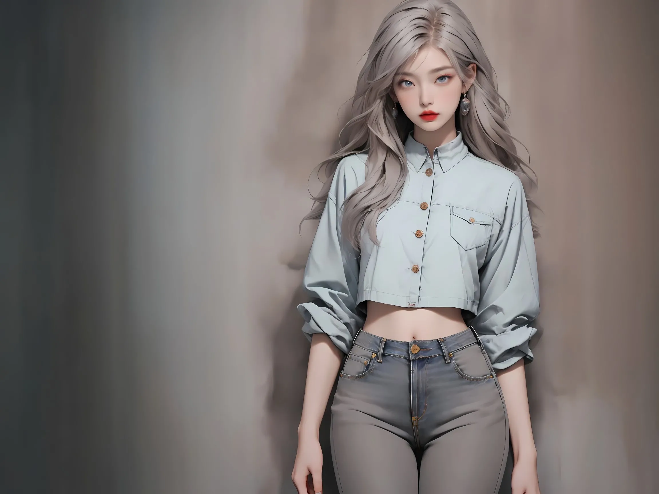 插画 长发牛仔裤女孩 ai绘画 飒 壁纸预览