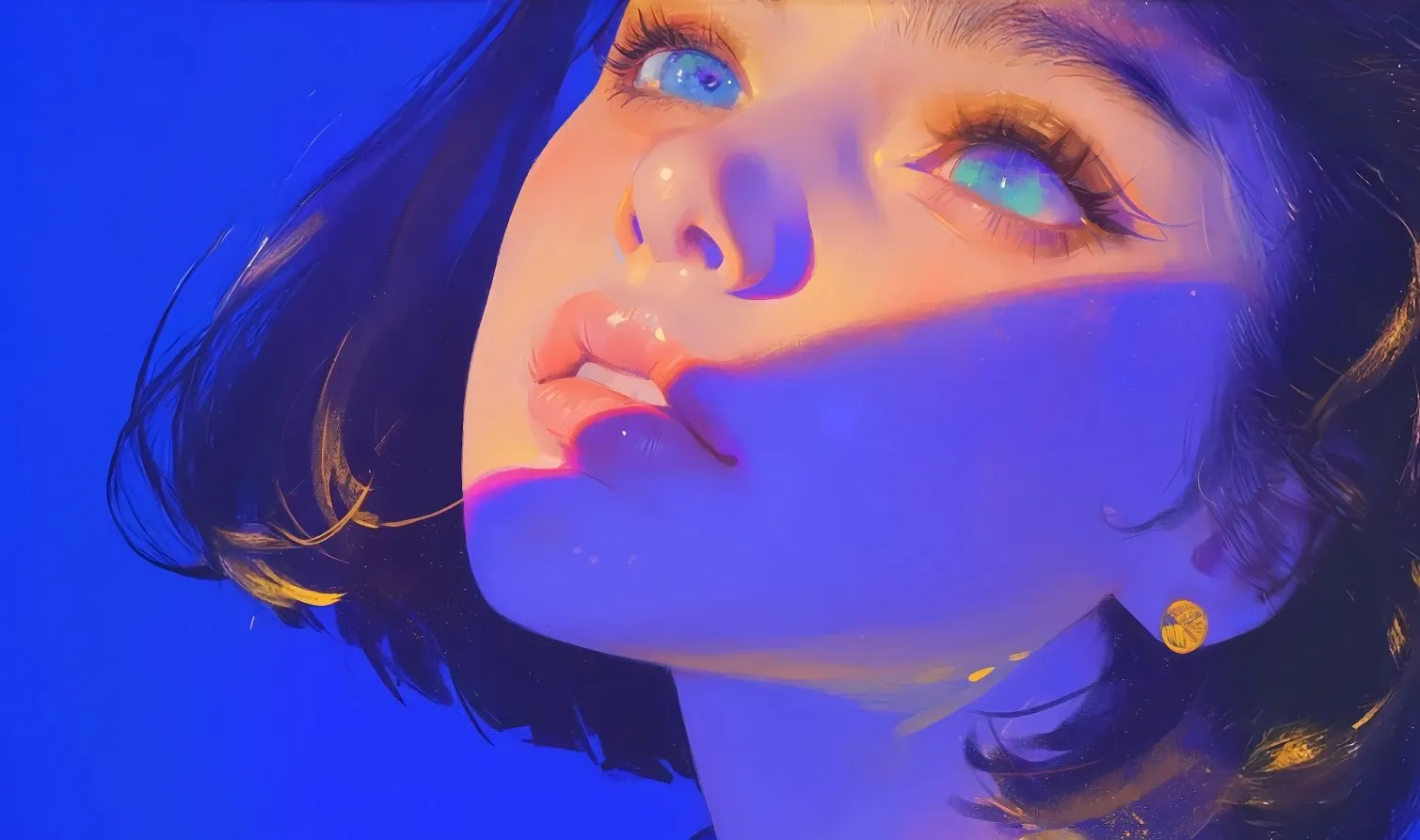 插画 厚涂短发女孩 蓝色眼睛 绘画 壁纸预览