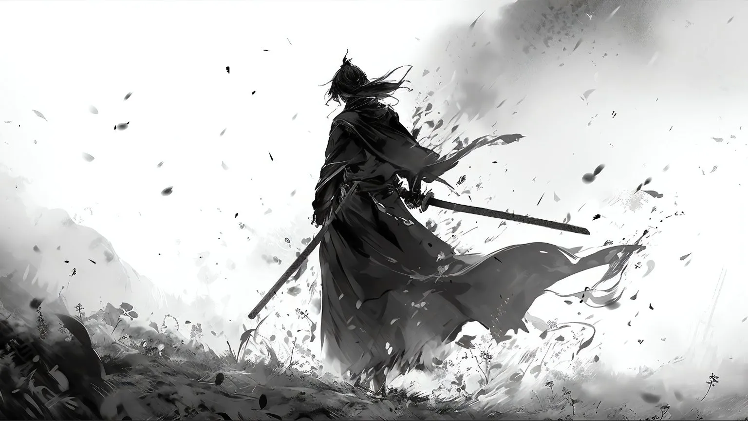 动漫 插画 剑士 水墨画 壁纸预览