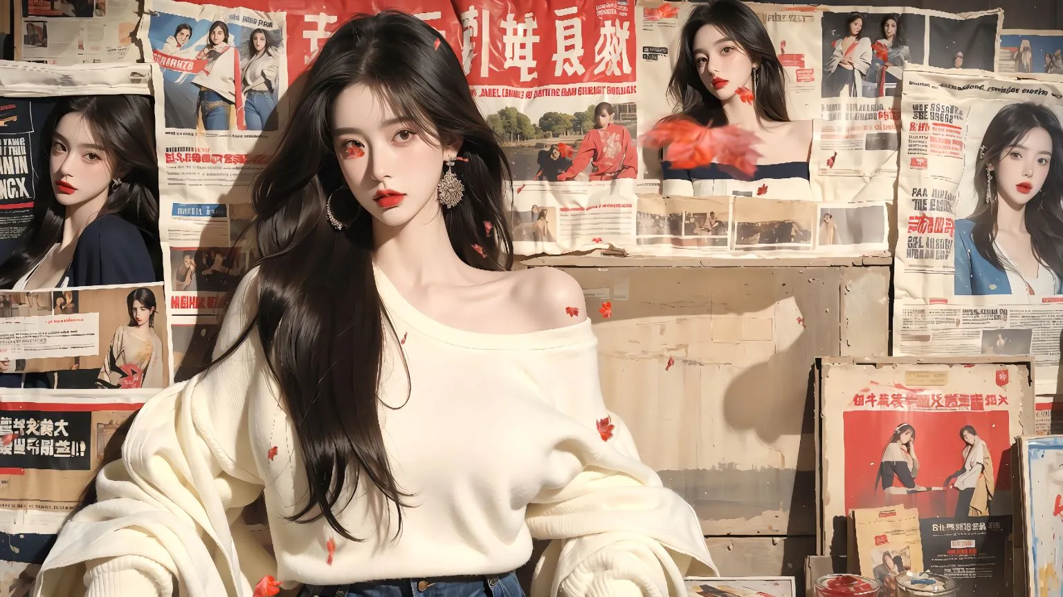 美女 报纸美女 白衣长发少女 壁纸预览