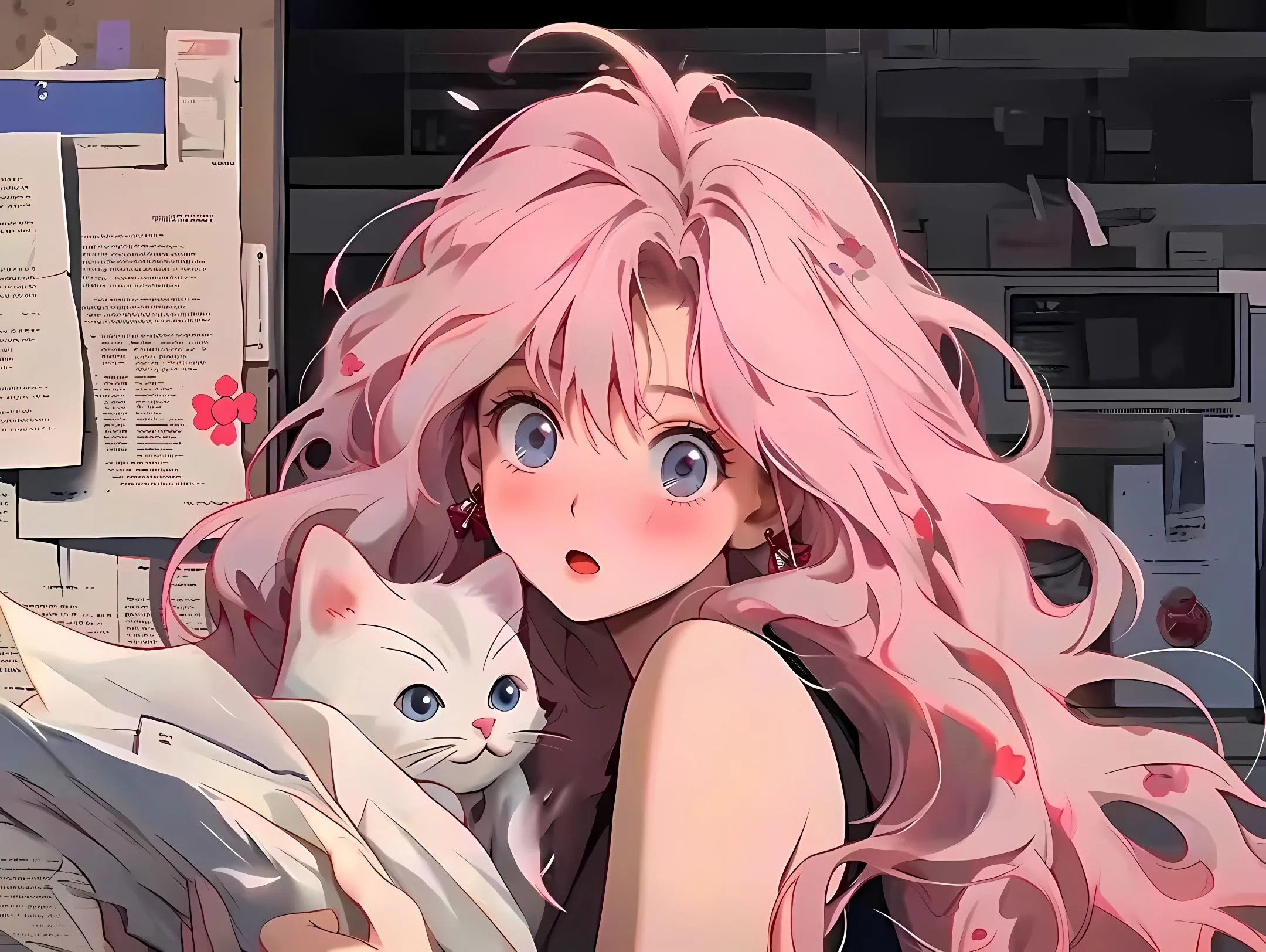 动漫 粉发少女 可爱女孩与可爱猫咪 壁纸预览