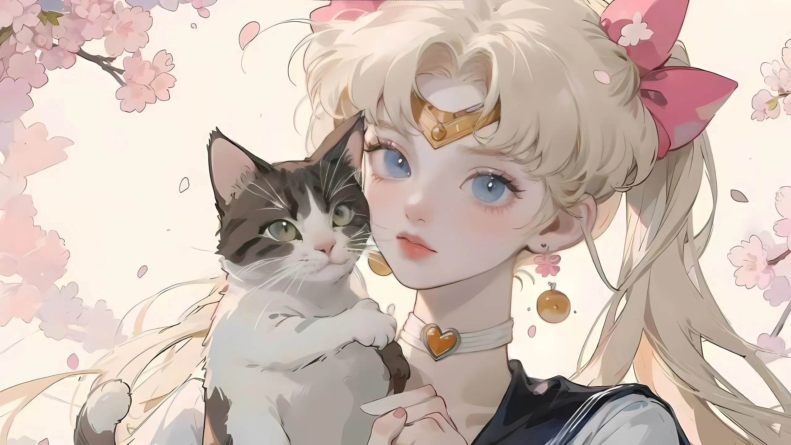 动漫 治愈 美少女与猫咪 插画 壁纸预览