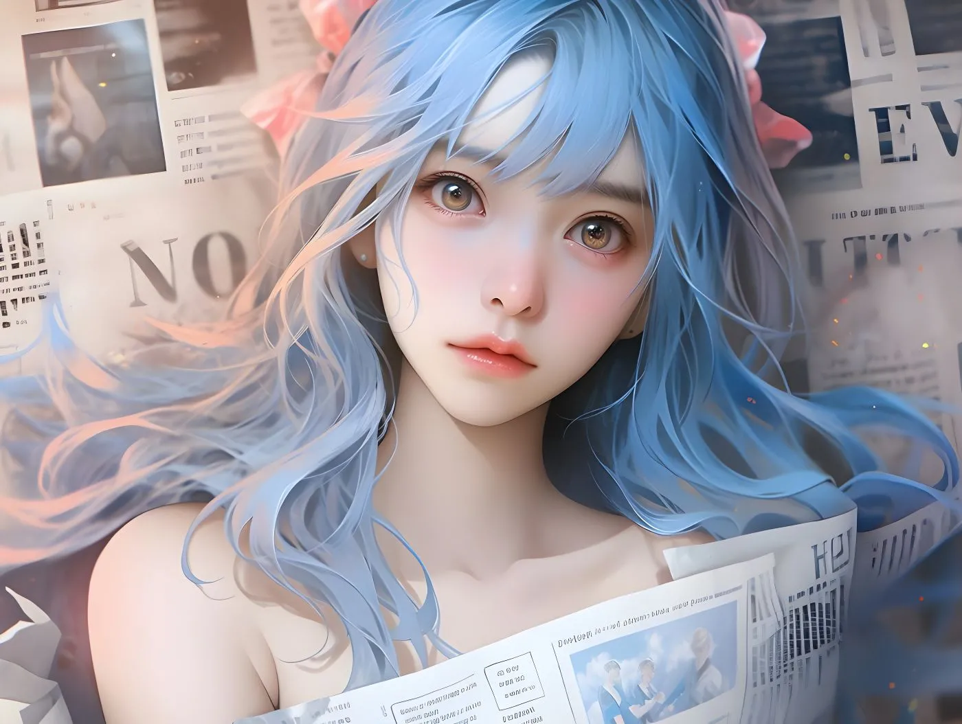 动漫 报纸美女 AI 梦幻 蓝头发少女 壁纸预览