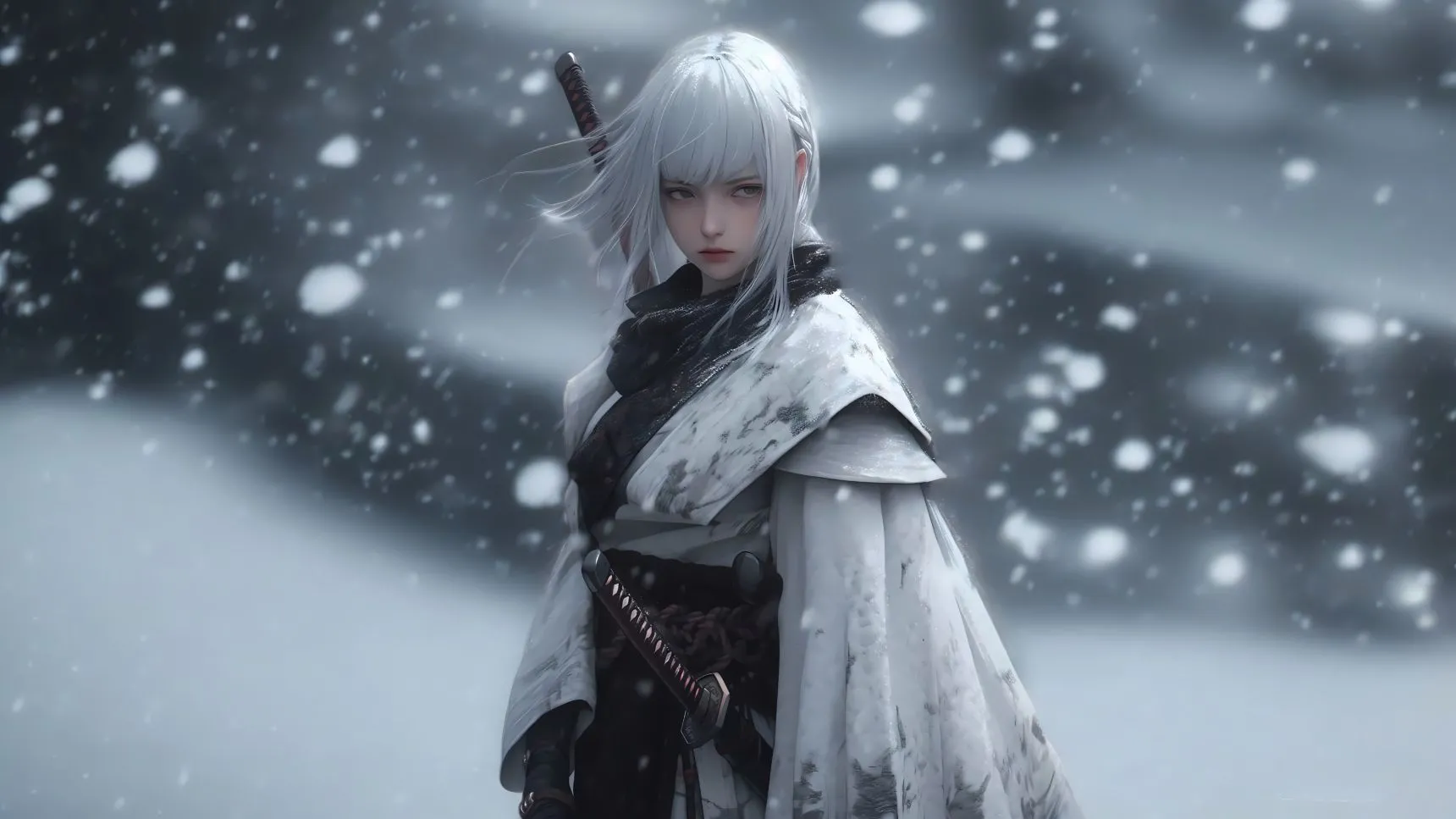动漫 雪中女剑客 二次元 动漫少女 壁纸预览