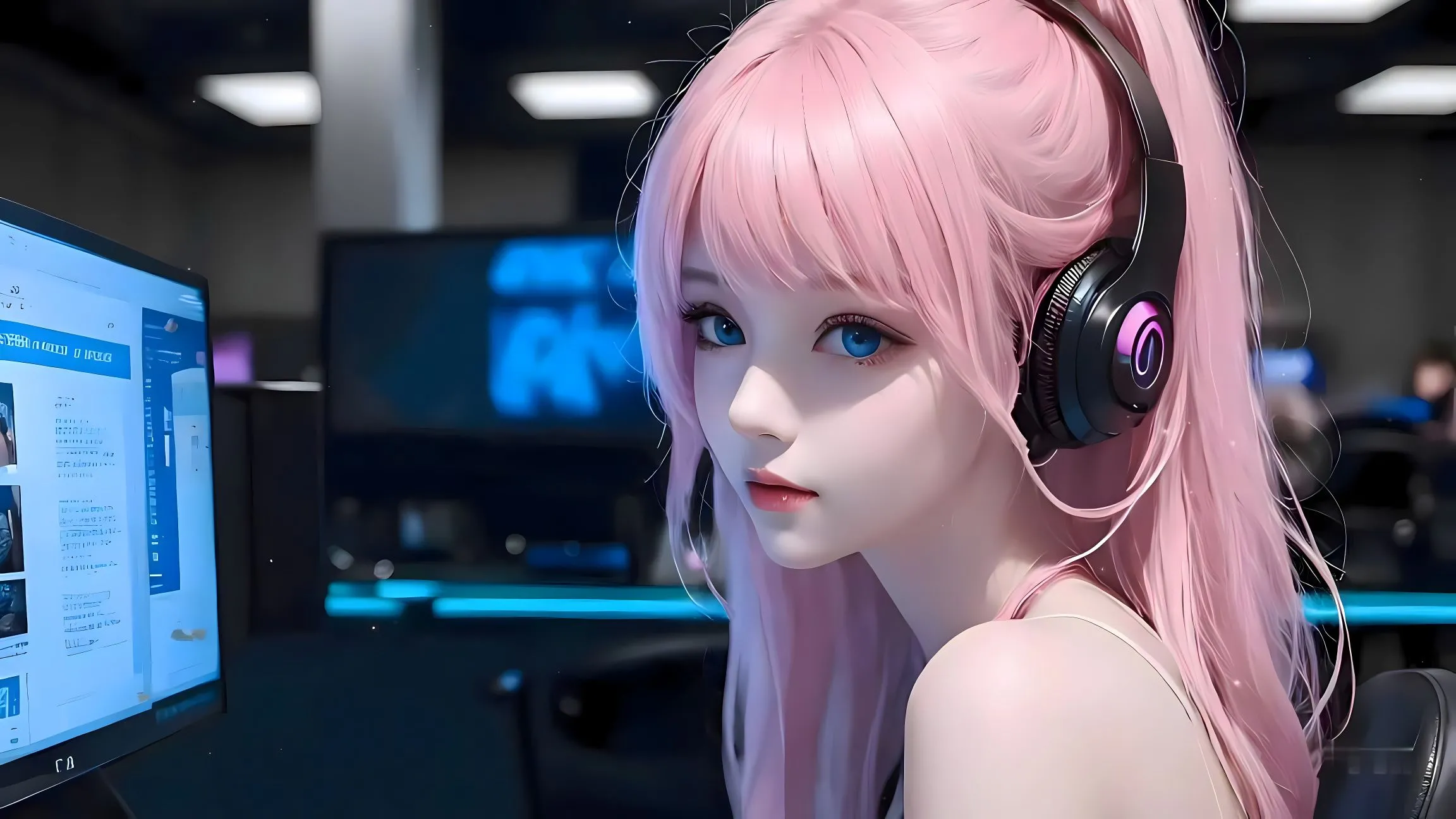 动漫 电竞少女 粉发少女 AI 壁纸预览