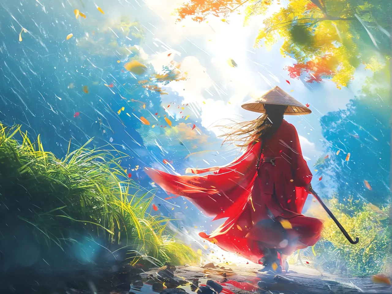 插画 水彩画 红衣少女 红衣女侠 女侠客 壁纸预览
