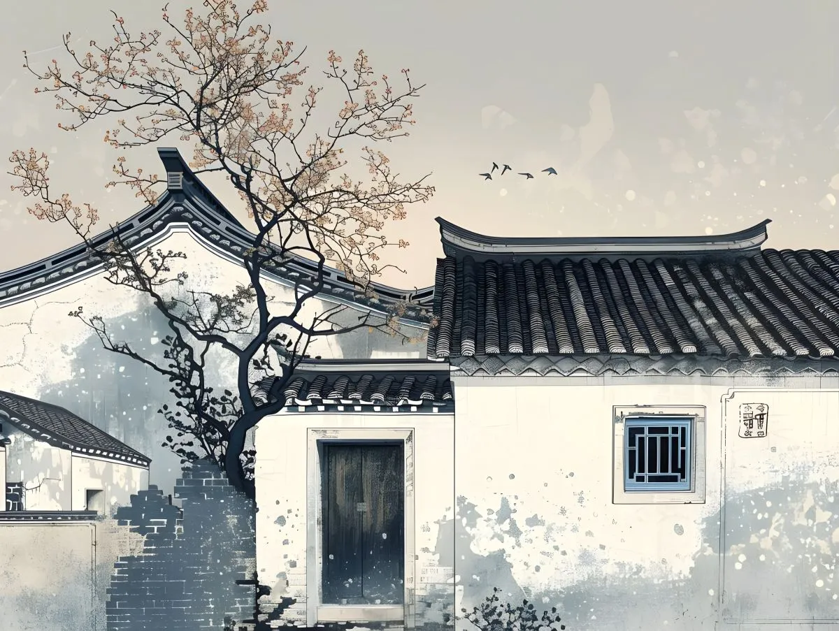 插画 水墨画 庭家小院 壁纸预览