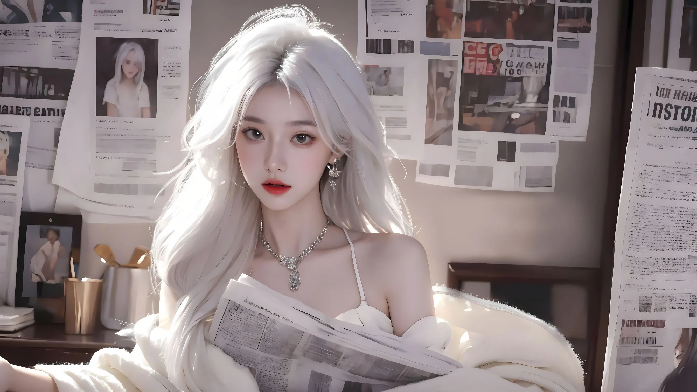 动漫 美女 ai绘画 报纸美女 红唇白发少女 壁纸预览