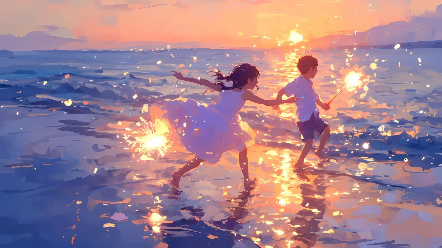 插画 治愈 夕阳下的少年 海滩 壁纸预览