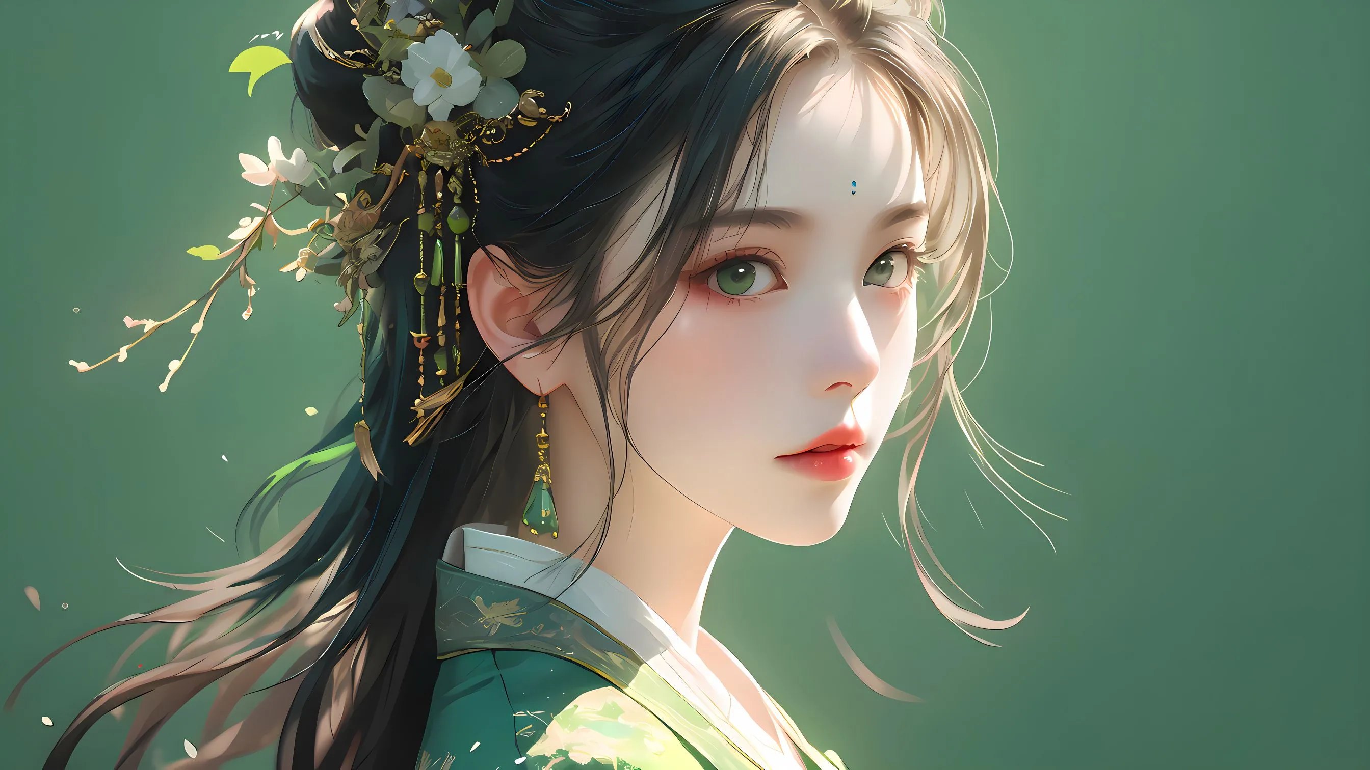 美女 ai绘画 古风少女 绿色 壁纸预览