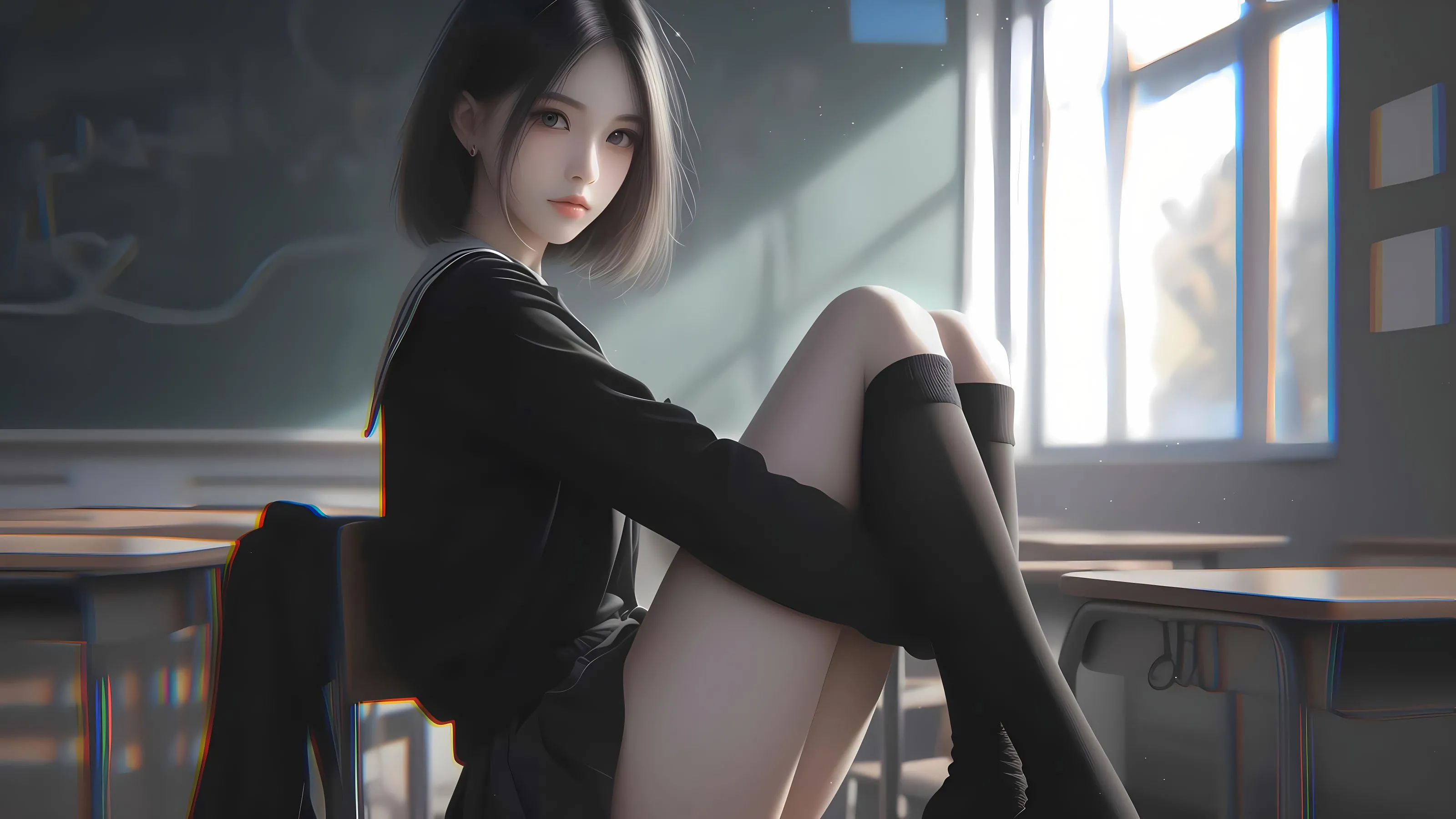 动漫 课桌上的短发少女 ai绘画 JK制服少女 壁纸预览