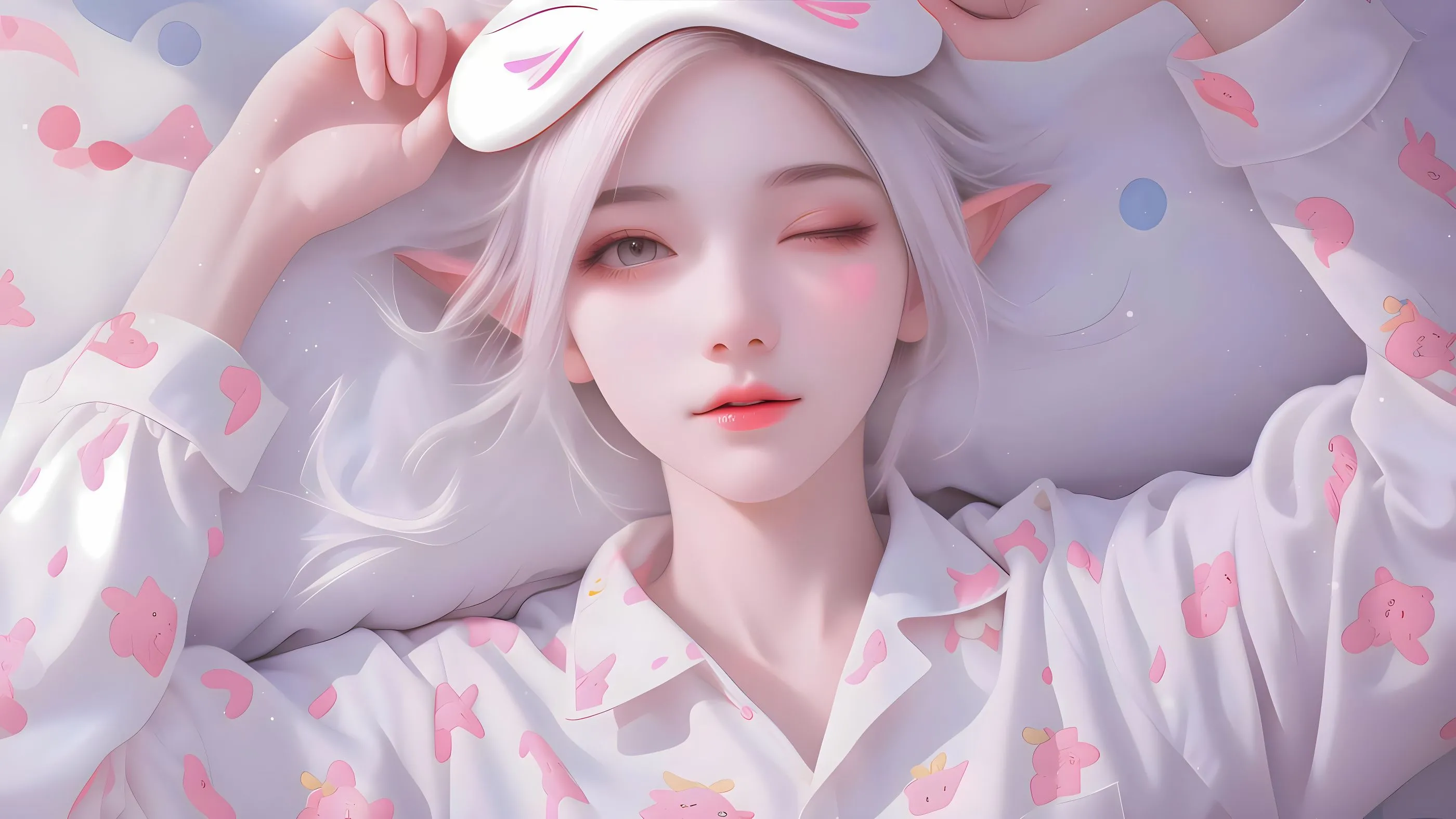 动漫 穿着粉色睡衣的女孩 ai绘画 壁纸预览