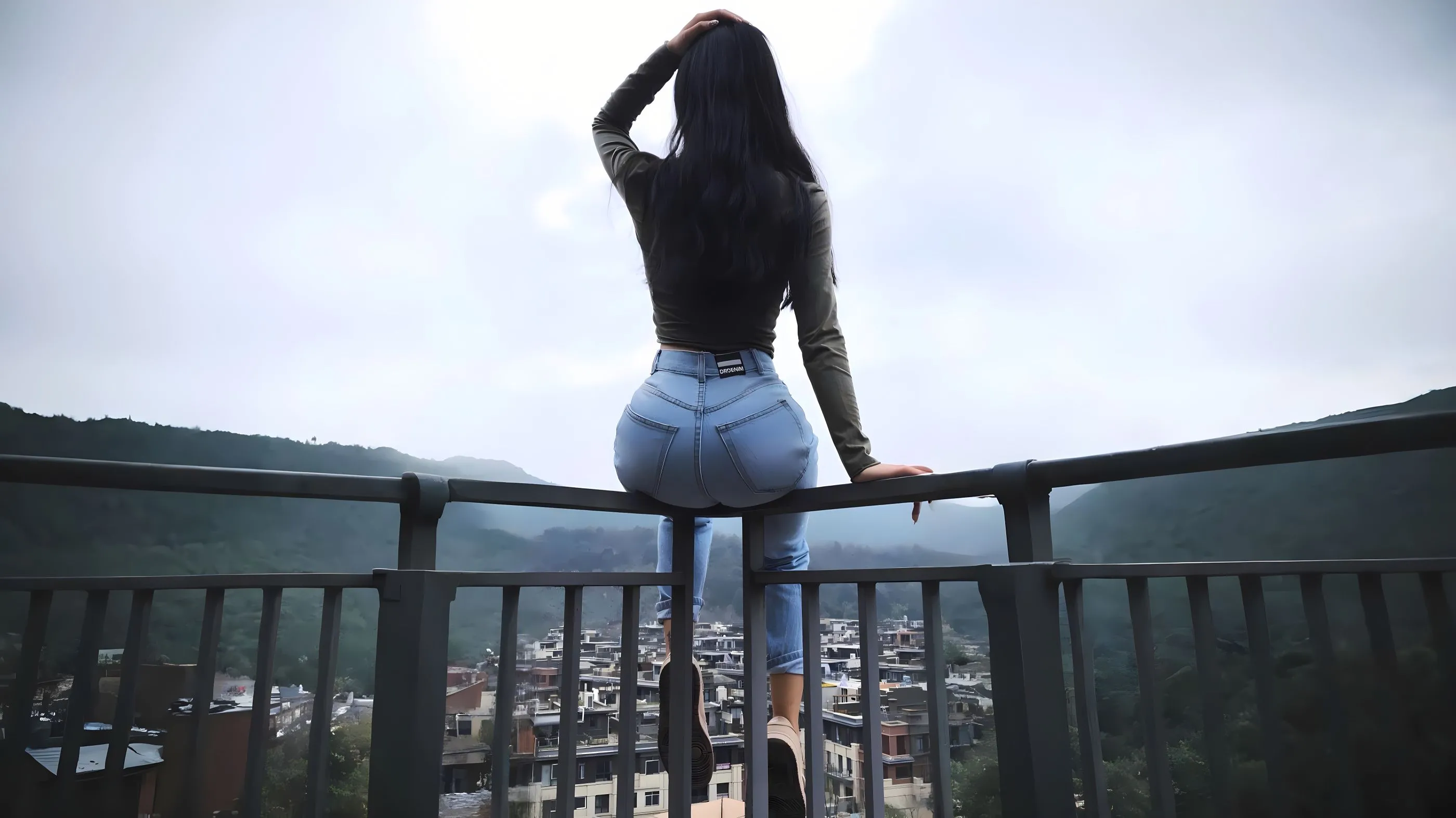 美女 栏杆上的美女 长发牛仔裤美女 壁纸预览