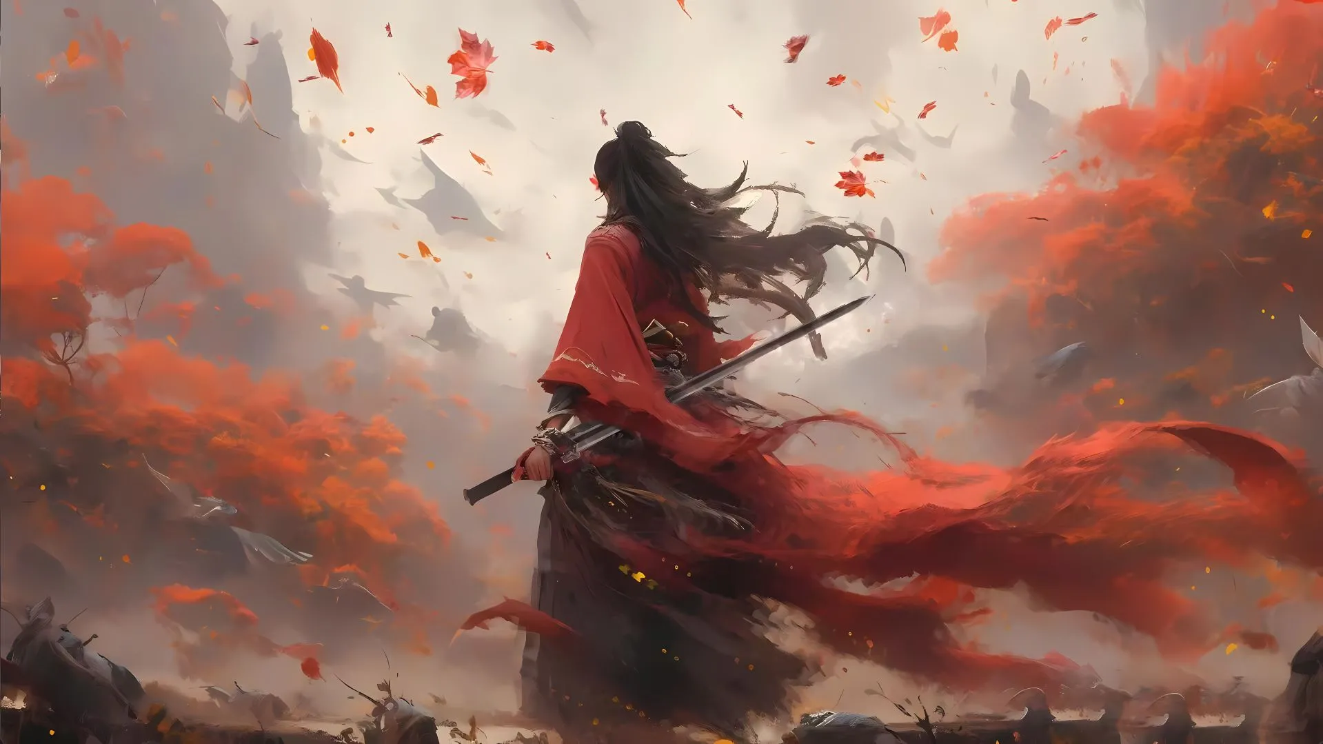 动漫 红衣武侠风 ai绘画 壁纸预览