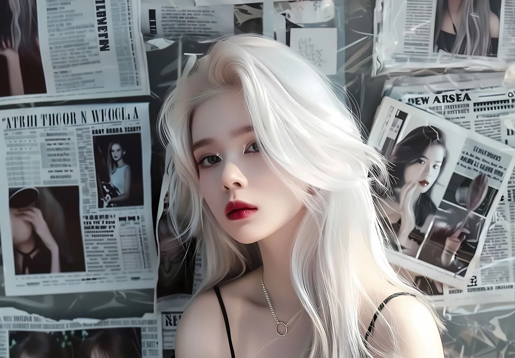 动漫 报纸美女 红唇白发少女 优雅 壁纸预览