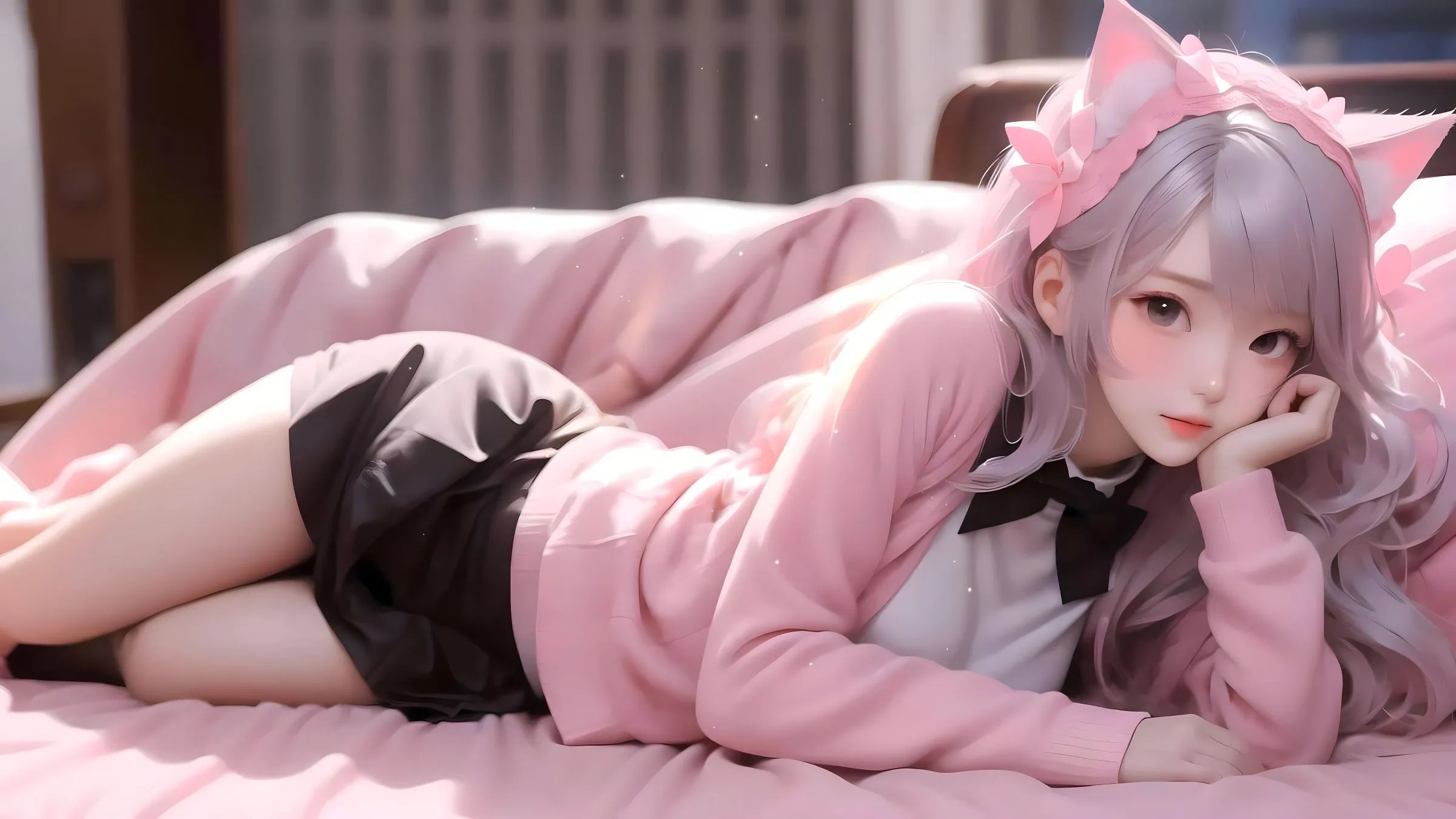 动漫 粉色系 躺在床上的粉红猫耳少女 甜美少女 壁纸预览