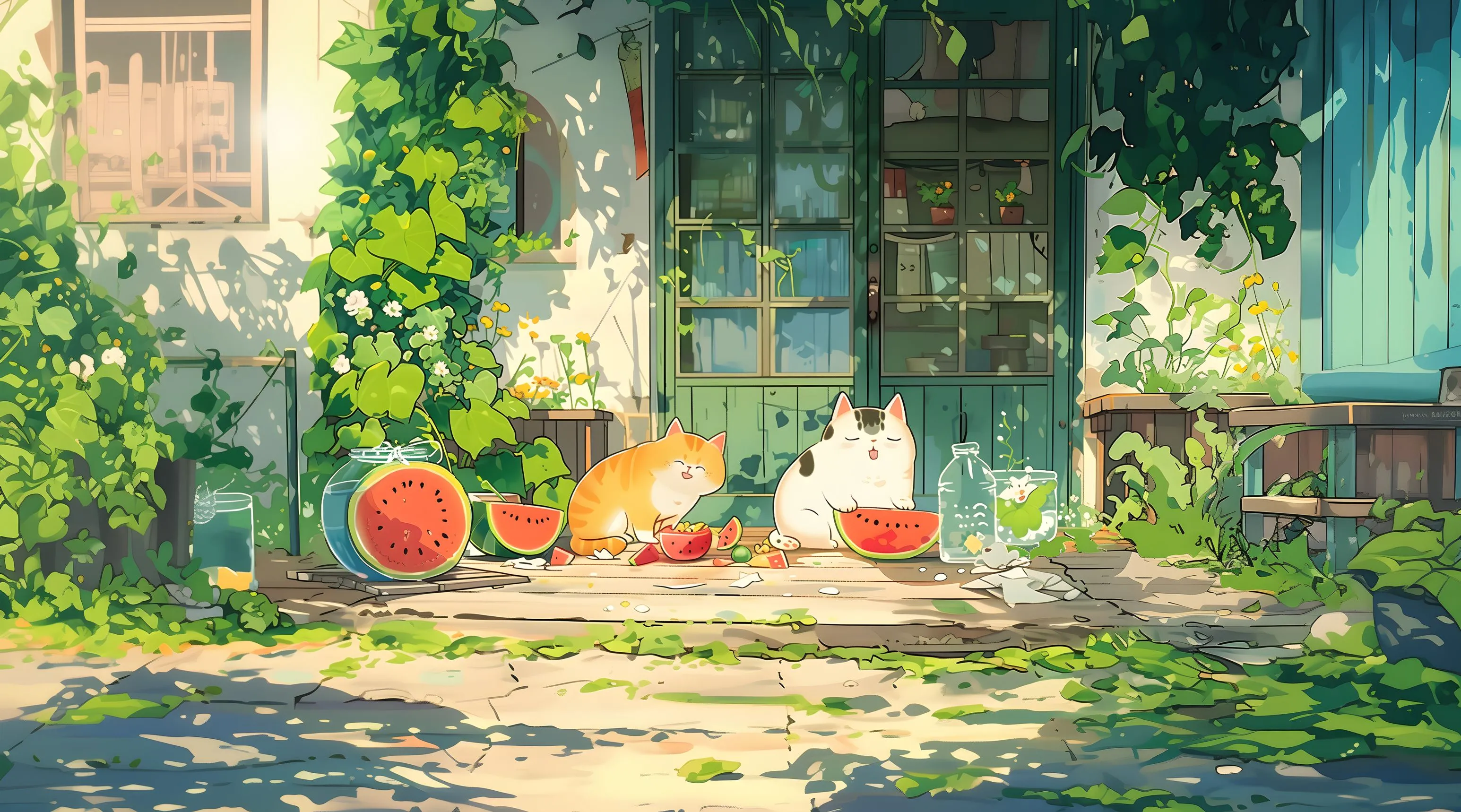 插画 猫猫 夏日 田园风景 壁纸预览