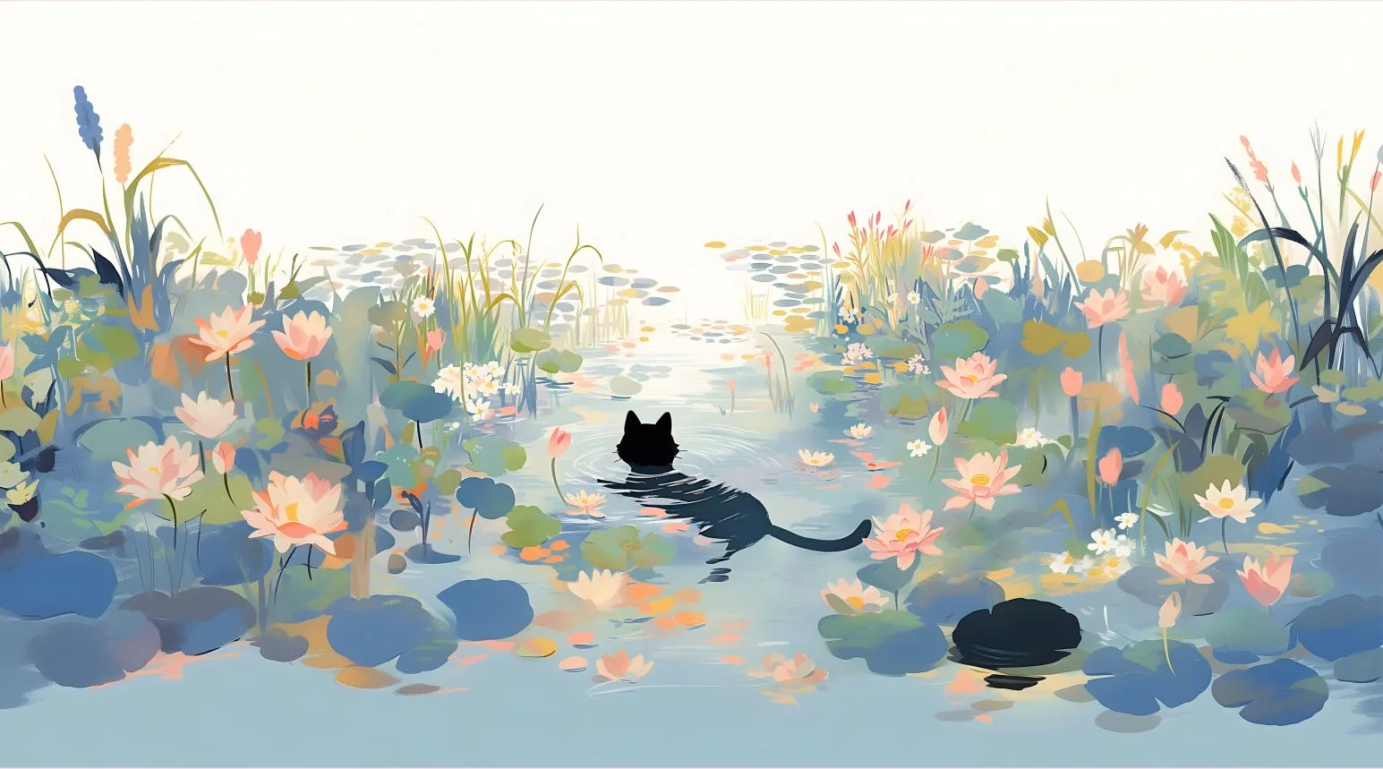 插画 猫猫 睡莲 治愈 壁纸预览