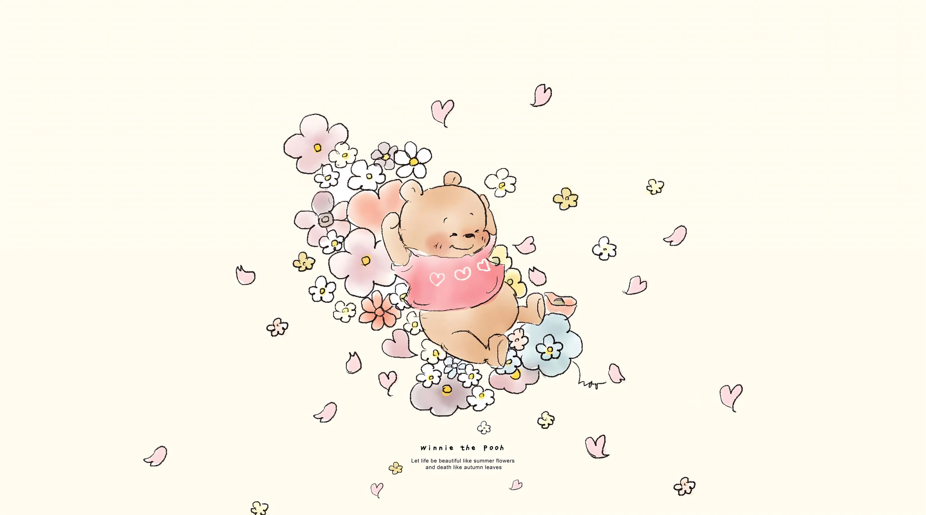 卡通 手绘 小熊维尼 花朵 壁纸预览