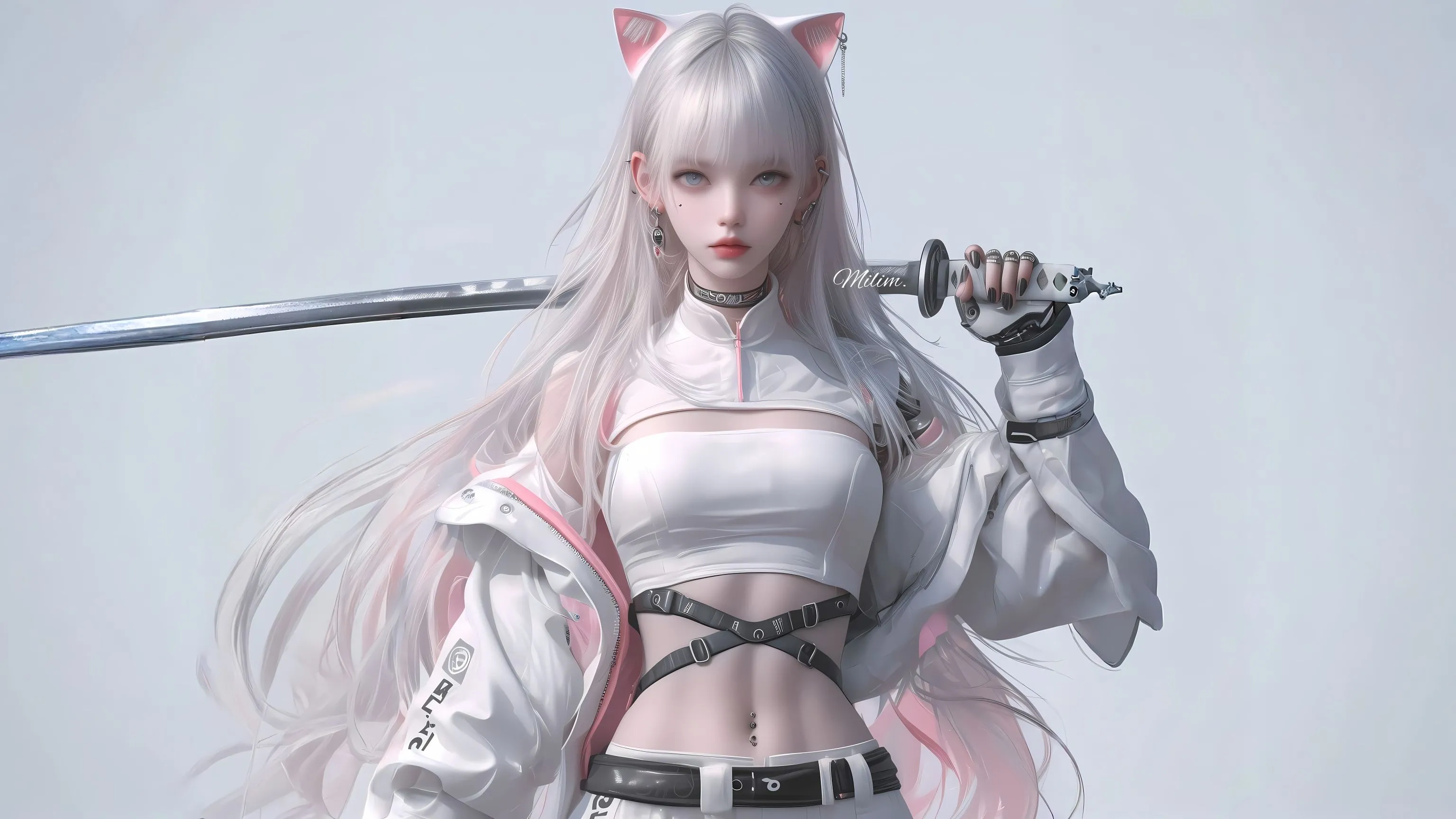 动漫 甜酷女孩 女剑士 猫耳少女 壁纸预览