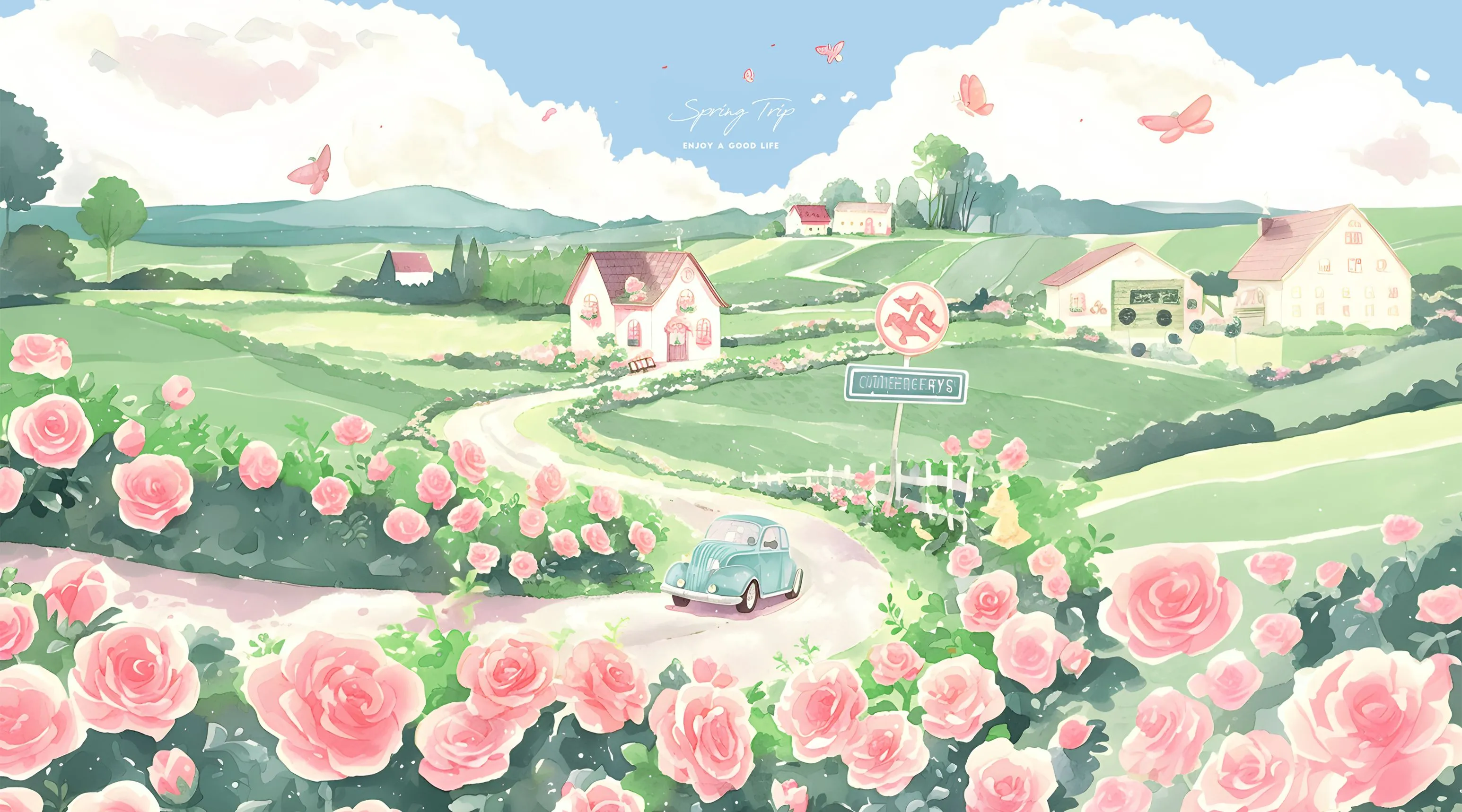 插画 田园风景 玫瑰花 治愈 绿色系春日 壁纸预览