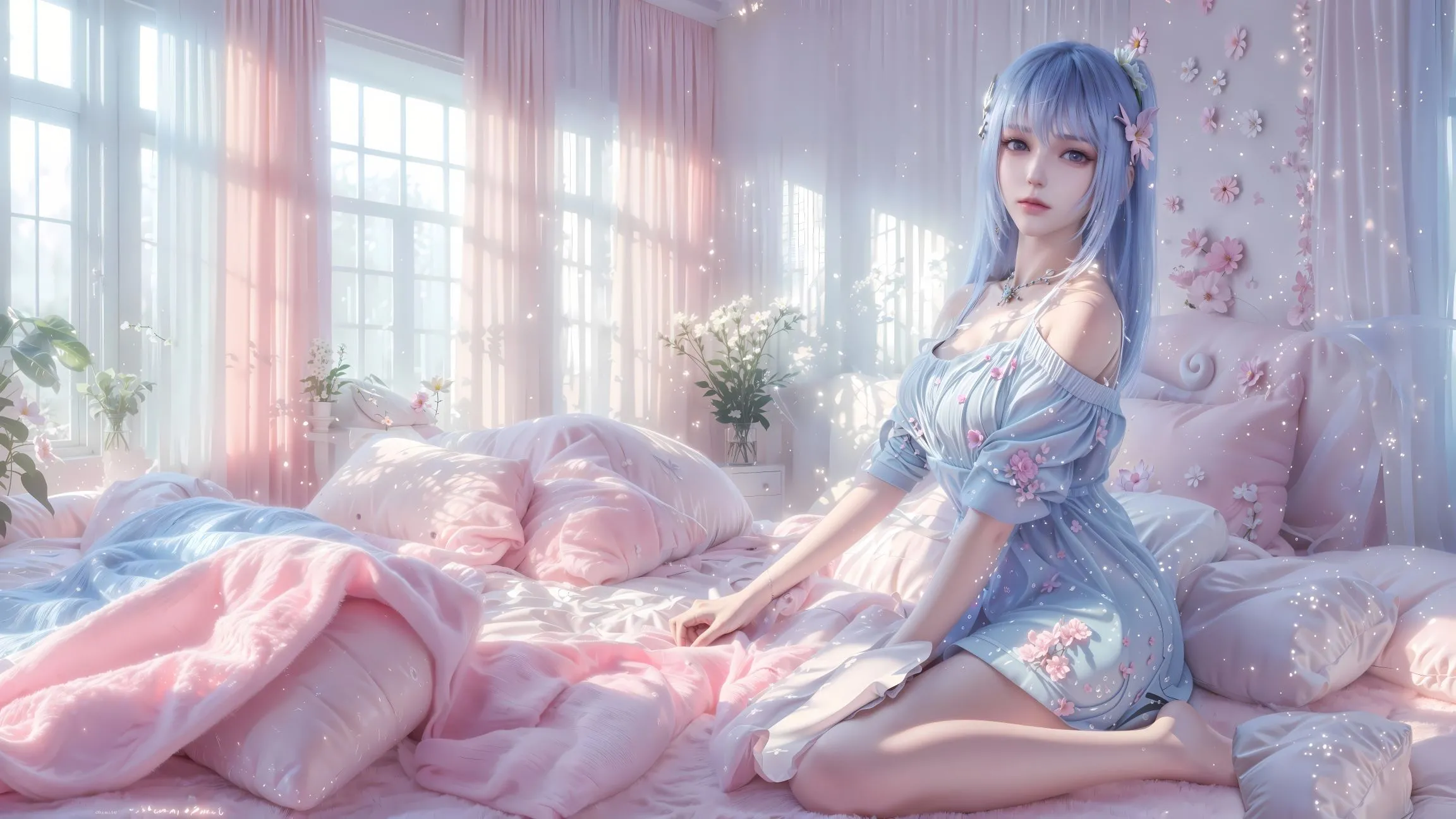 动漫 美女 甜美少女 窗前的蓝发女孩 动漫少女 壁纸预览