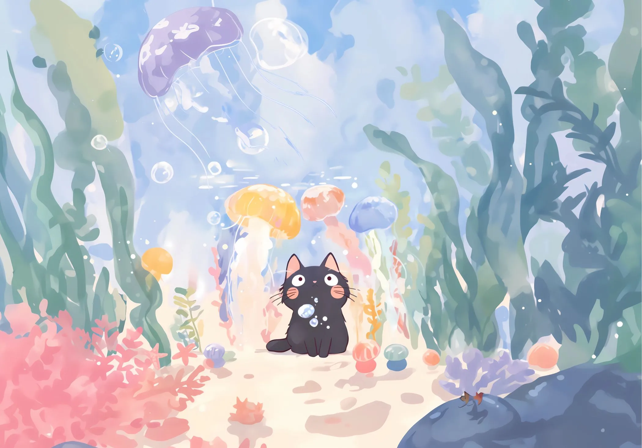 插画 猫猫 海洋 梦幻 壁纸预览