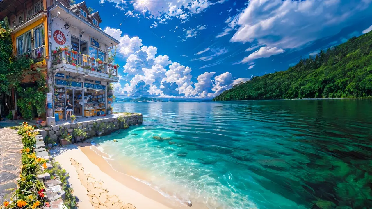 动漫 风景 治愈 动漫场景 蓝天白云 大海 壁纸预览