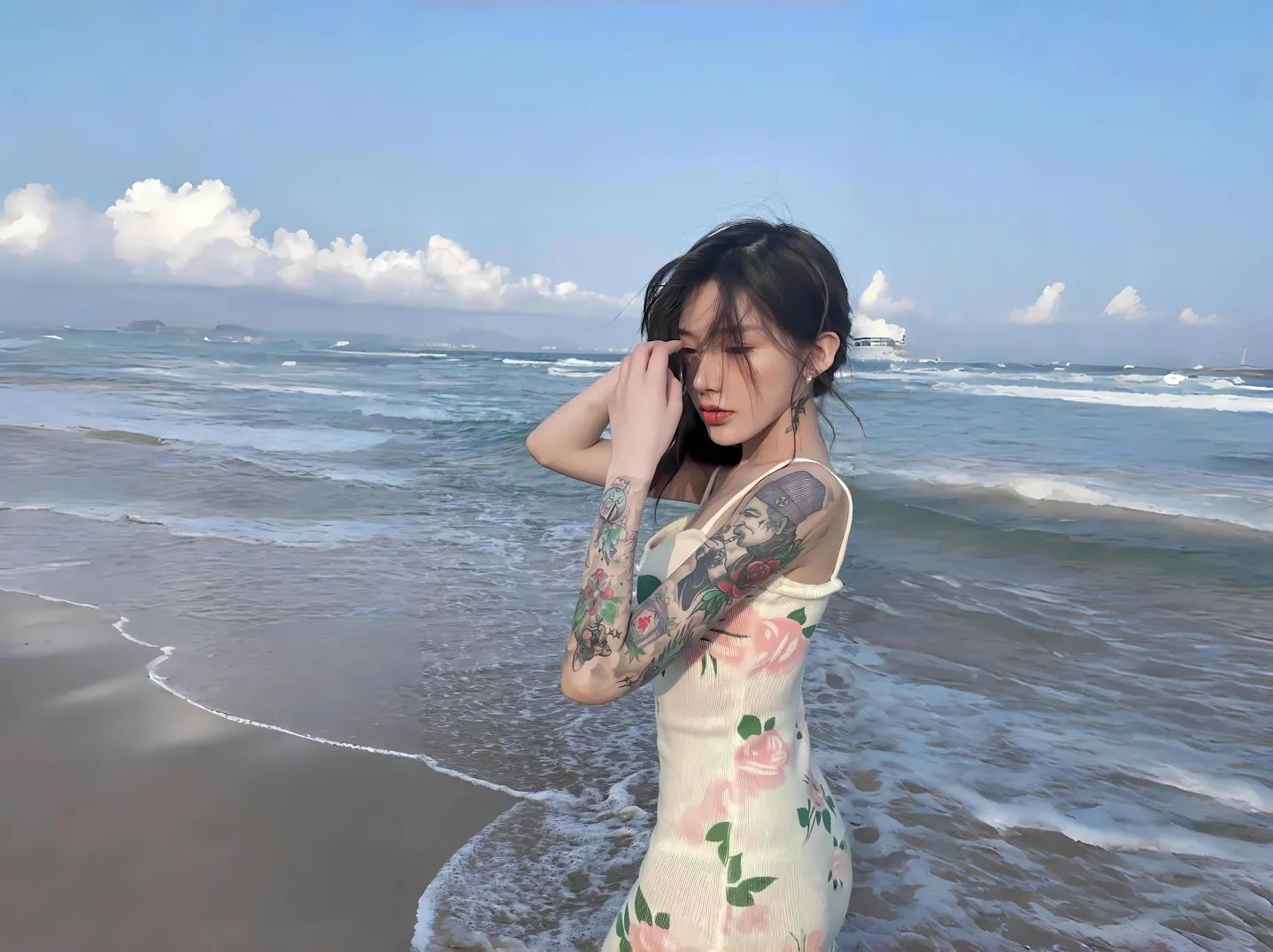 美女 性感 海滩 新中式旗袍少女 壁纸预览