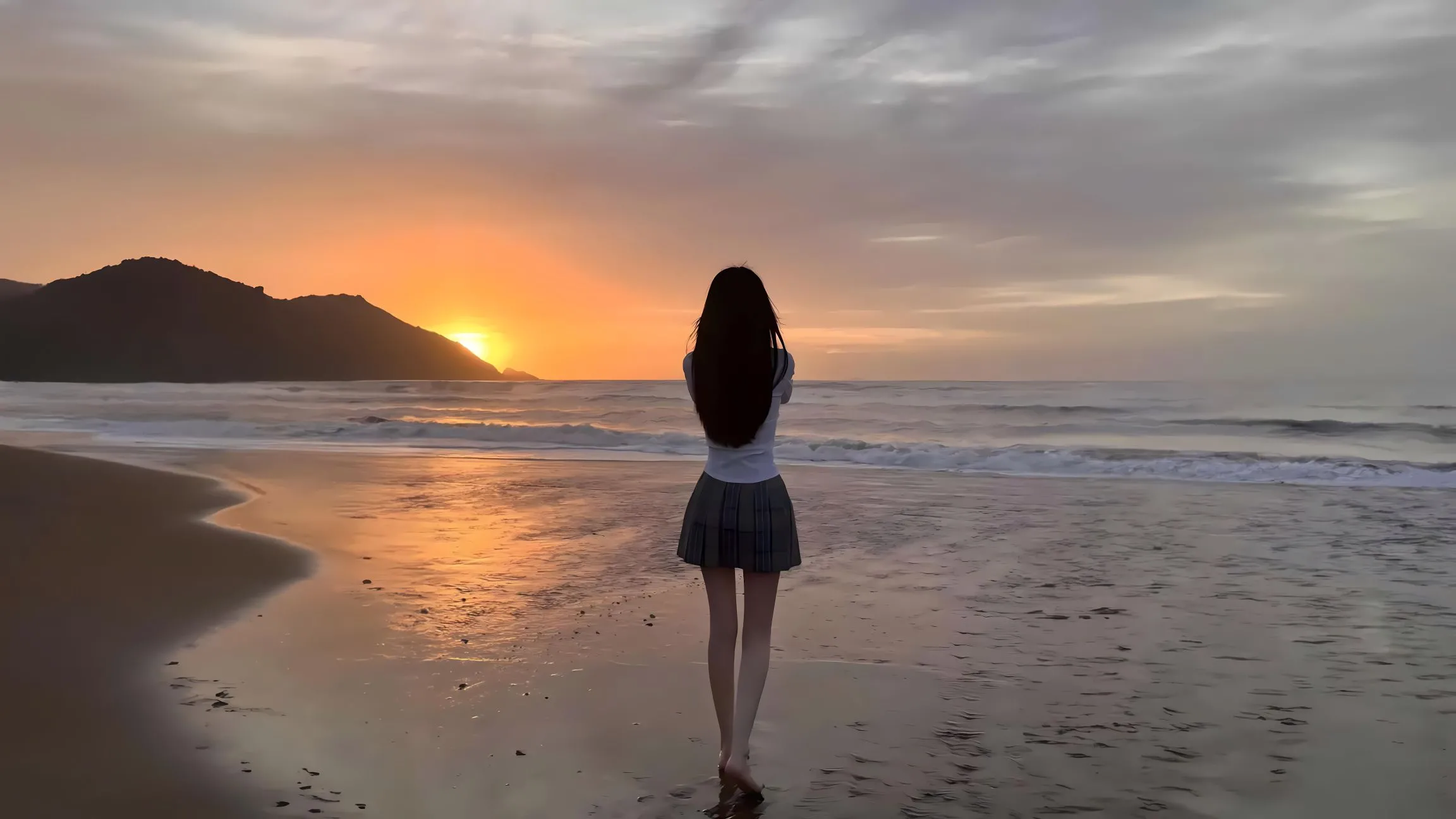 美女 背影 黄昏下的少女 壁纸预览