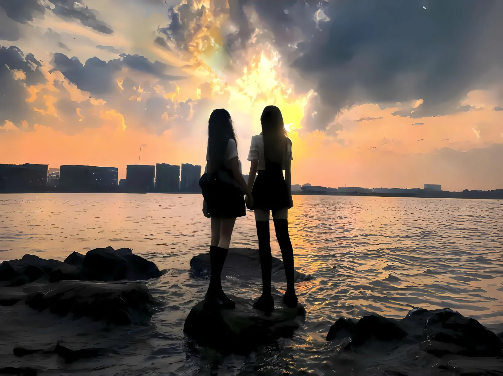 美女 唯美 氛围感 海边 落日 壁纸预览