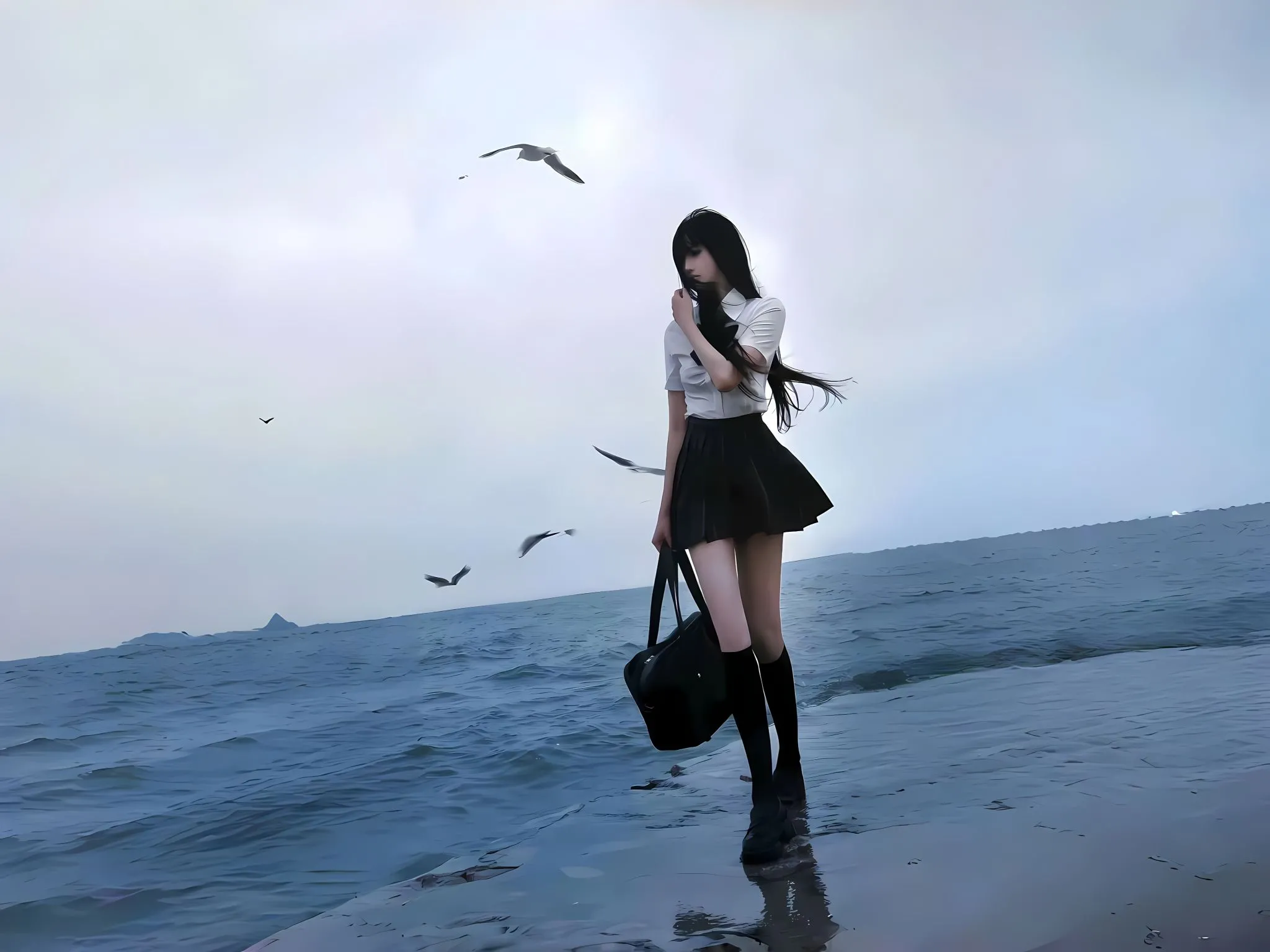 美女 高颜值 氛围 氛围感 海边 壁纸预览