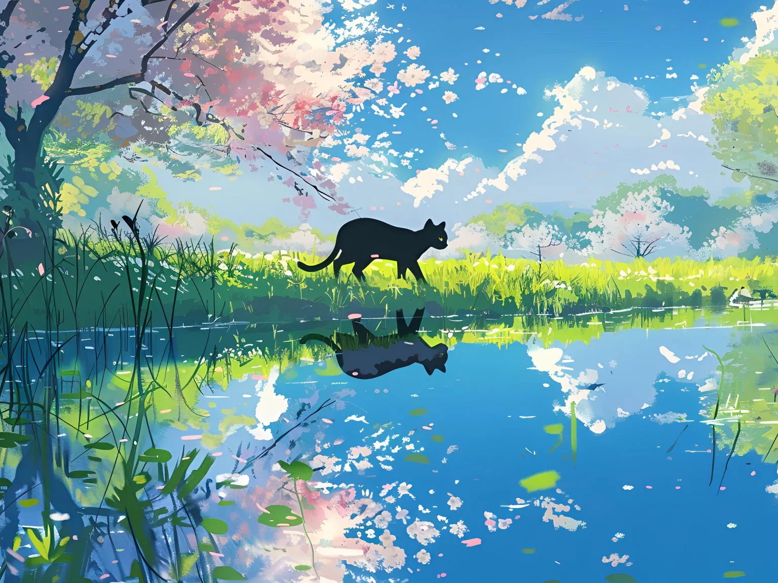 插画 池塘 小猫 壁纸预览
