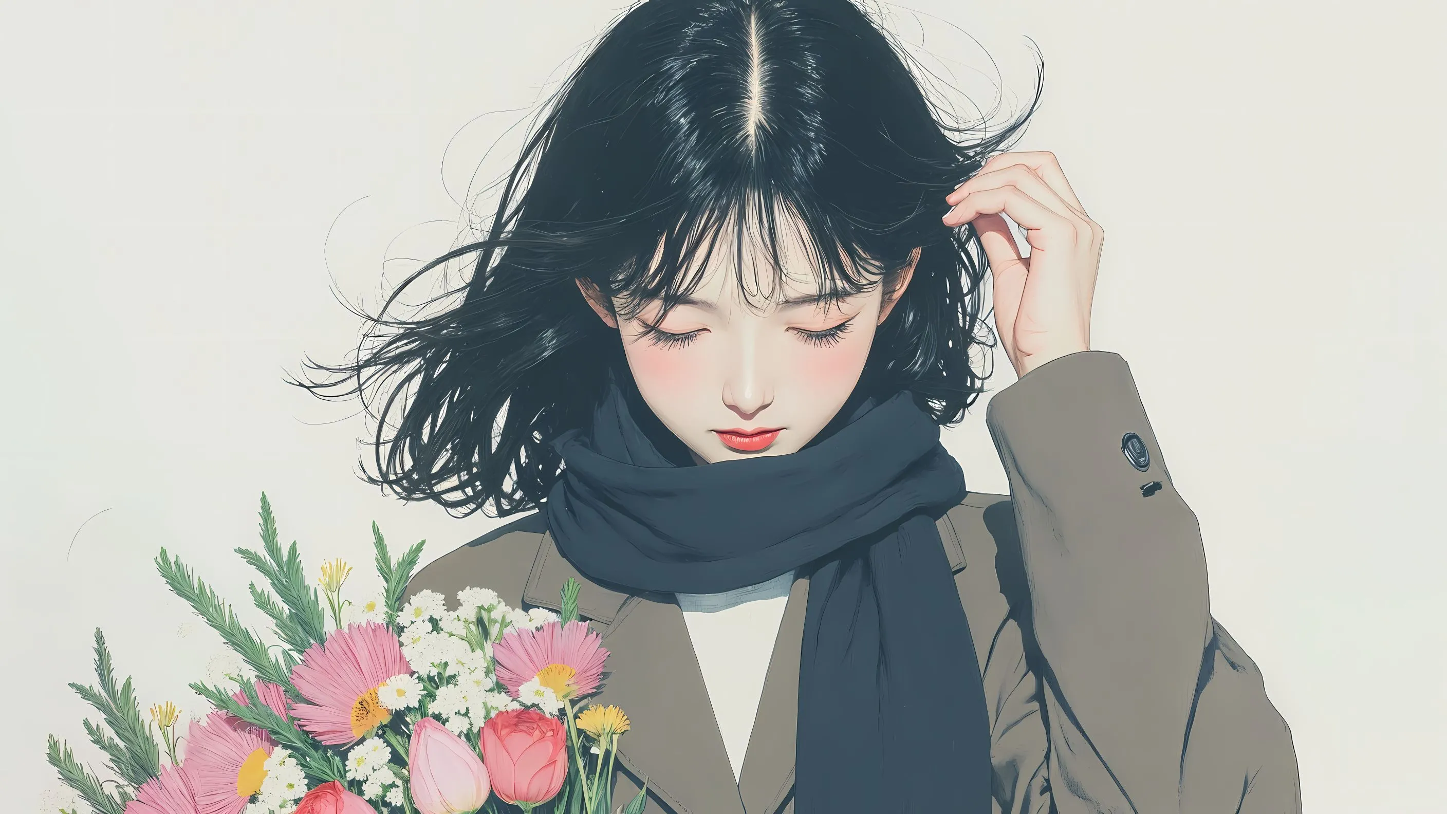 动漫 二次元 美女 插画 拿着花迎着风的少女 壁纸预览