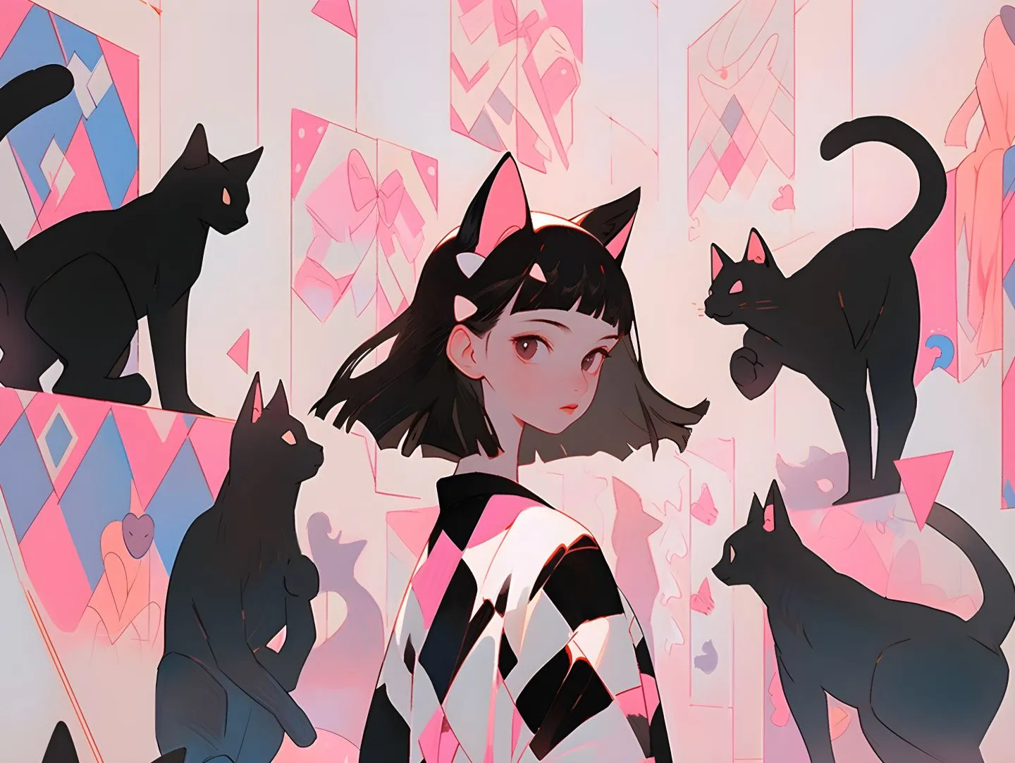 卡通 可爱 少女与猫 壁纸预览