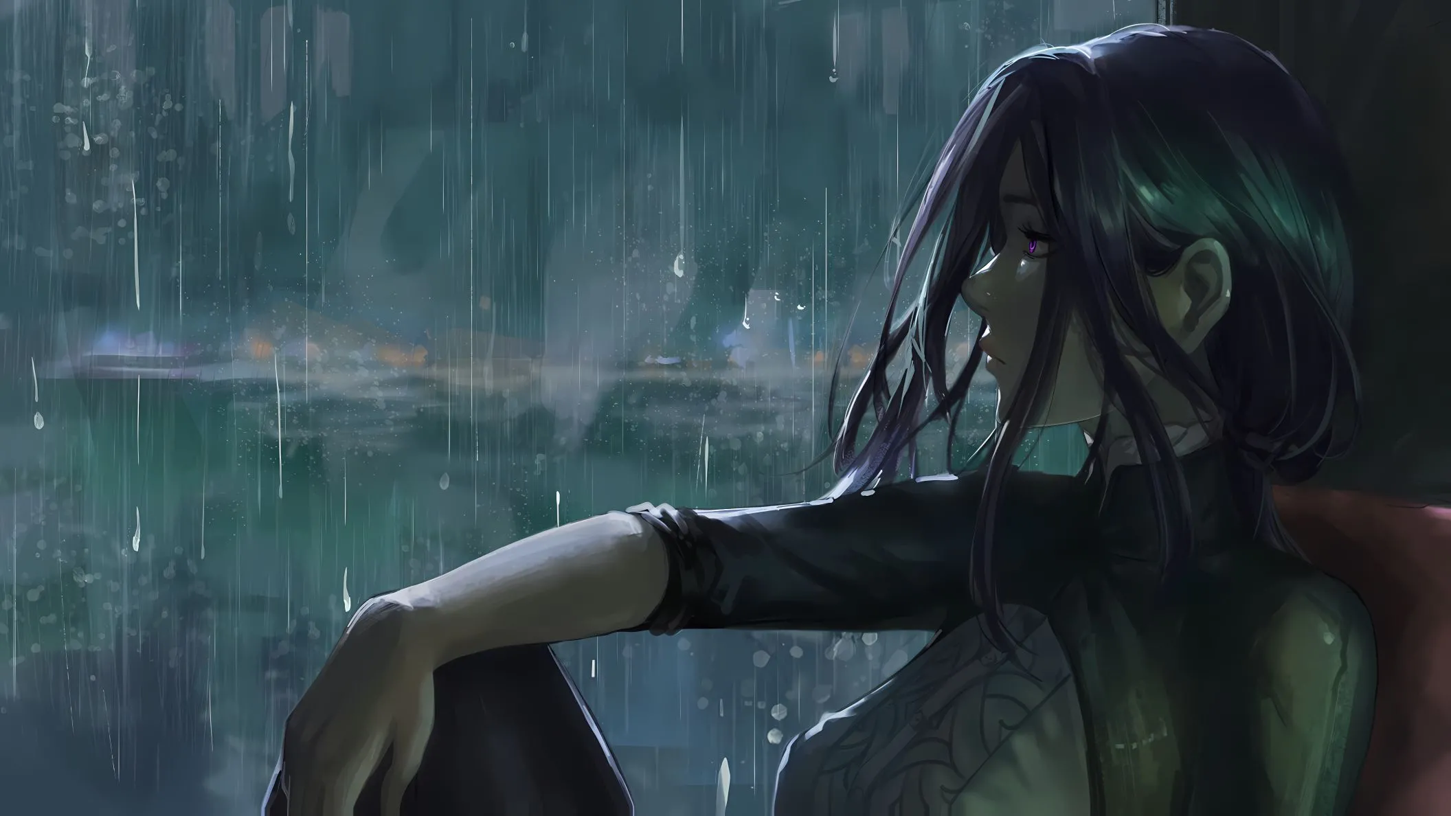 孤独 雨中少女 蓝色系 动漫 壁纸预览